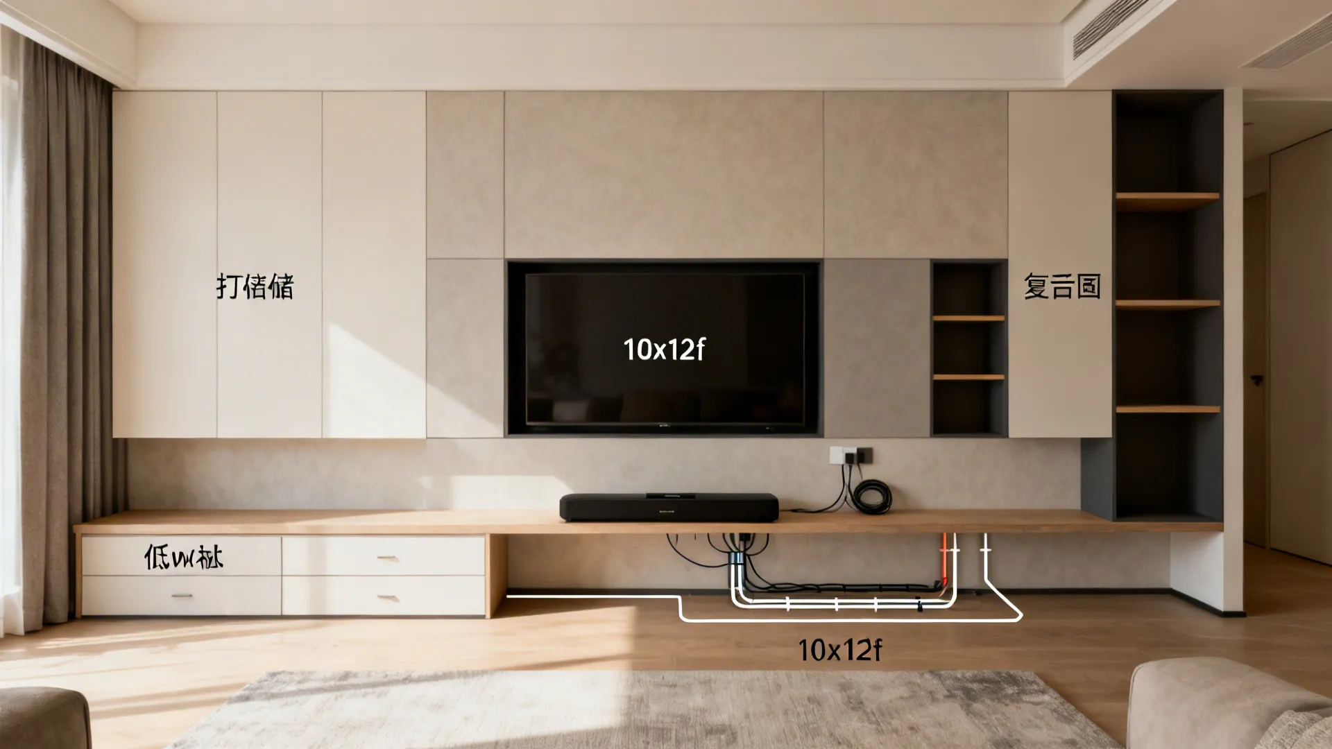Large wall storage unit with television and diagram showing hidden wiring and pipes in room