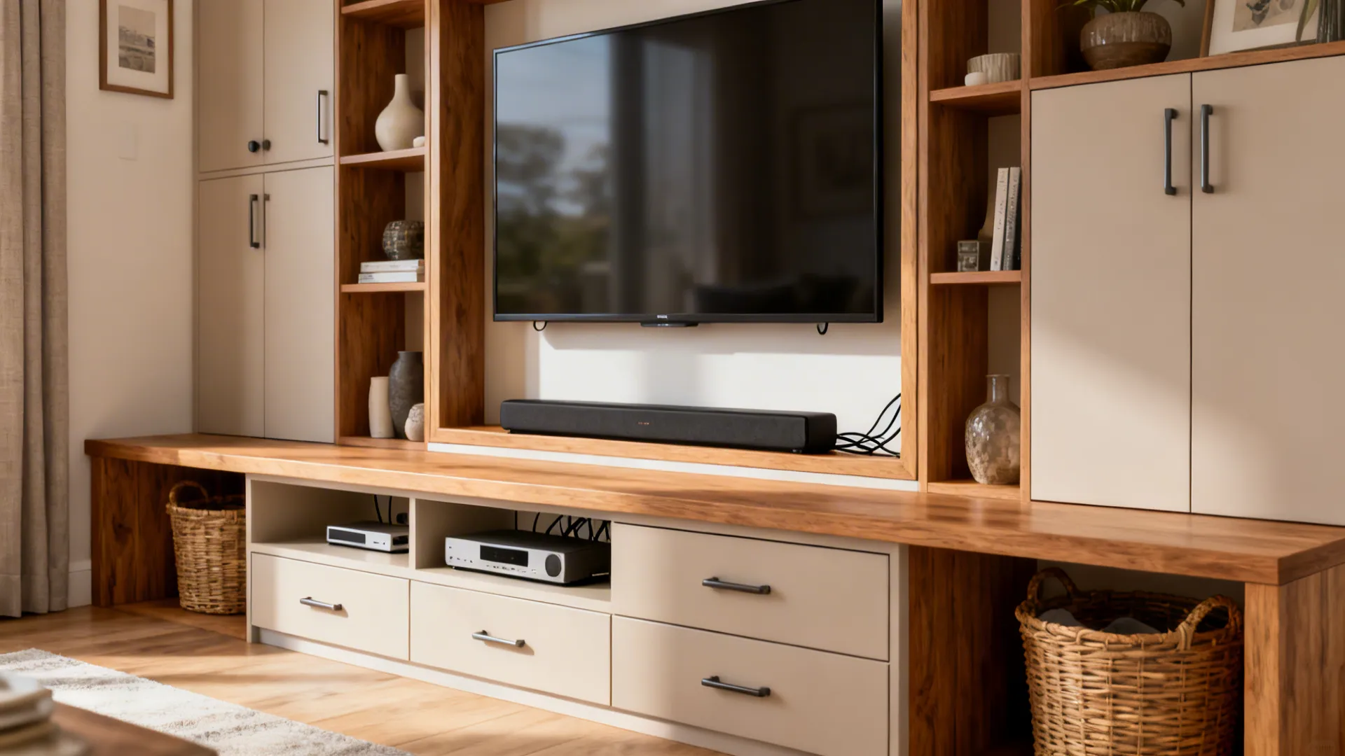 Large wooden wall cabinet with mounted television, open shelves, white drawers, and woven storage baskets.