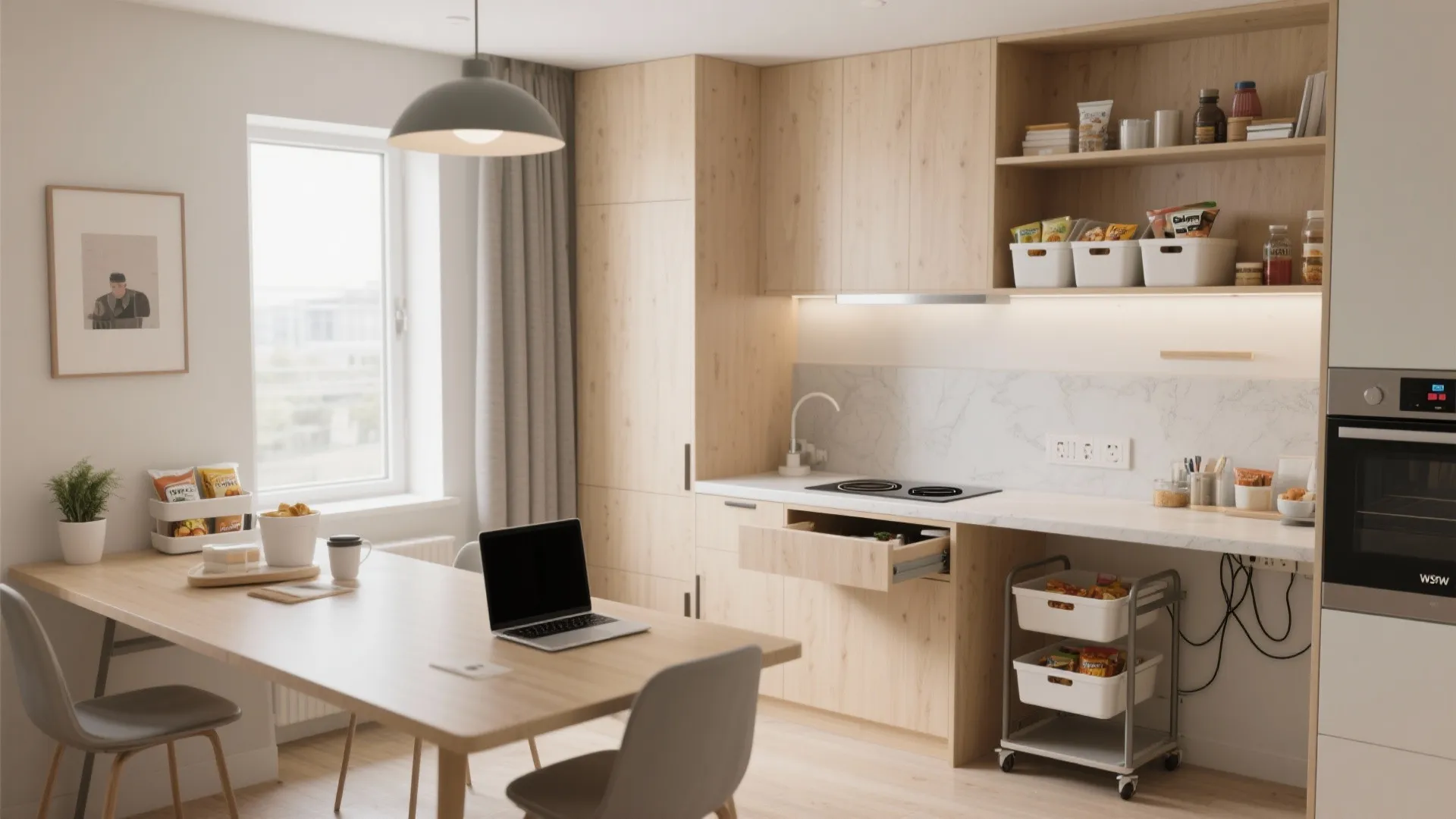 Modern wood kitchen and dining area featuring wooden table laptop ceiling light and marble wall shelf