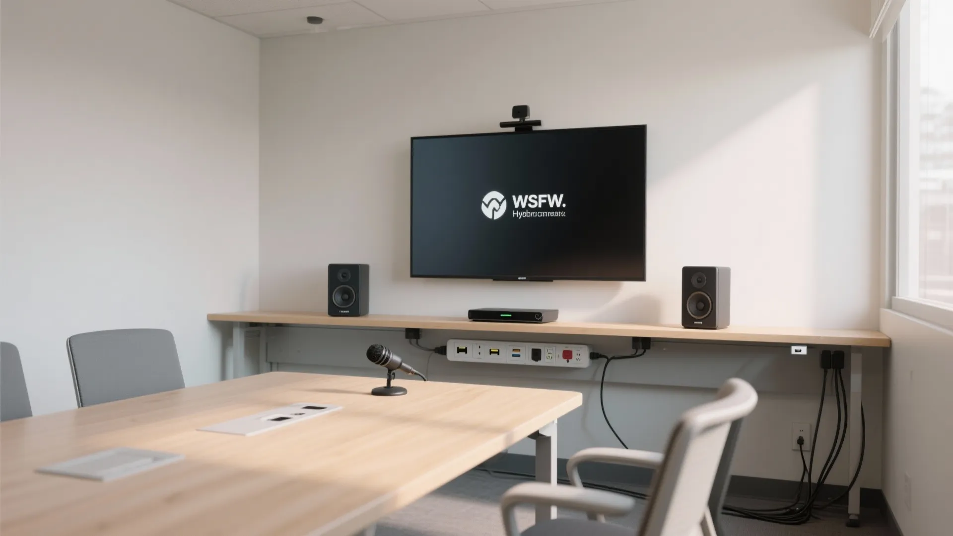 Professional meeting room with large wooden table microphone wall mounted television speakers and power strip