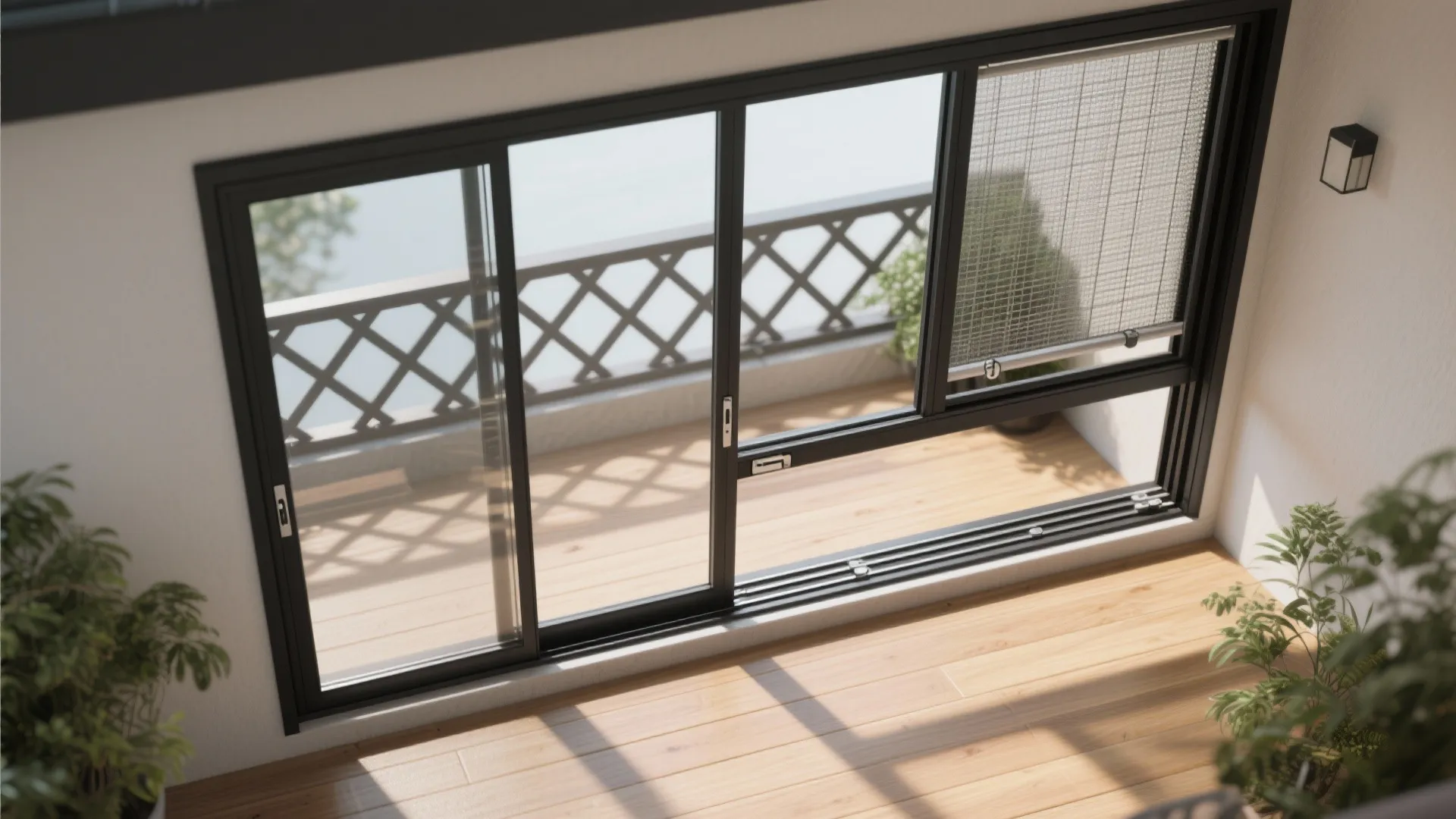 Black sliding glass doors from high angle view opening to a balcony with light wooden floors