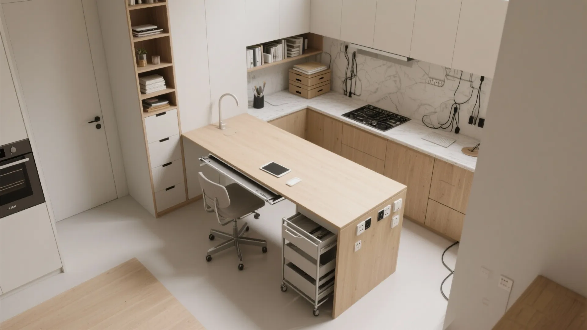 Modern kitchen and workspace area with wooden island desk chair white cabinets and gas stove