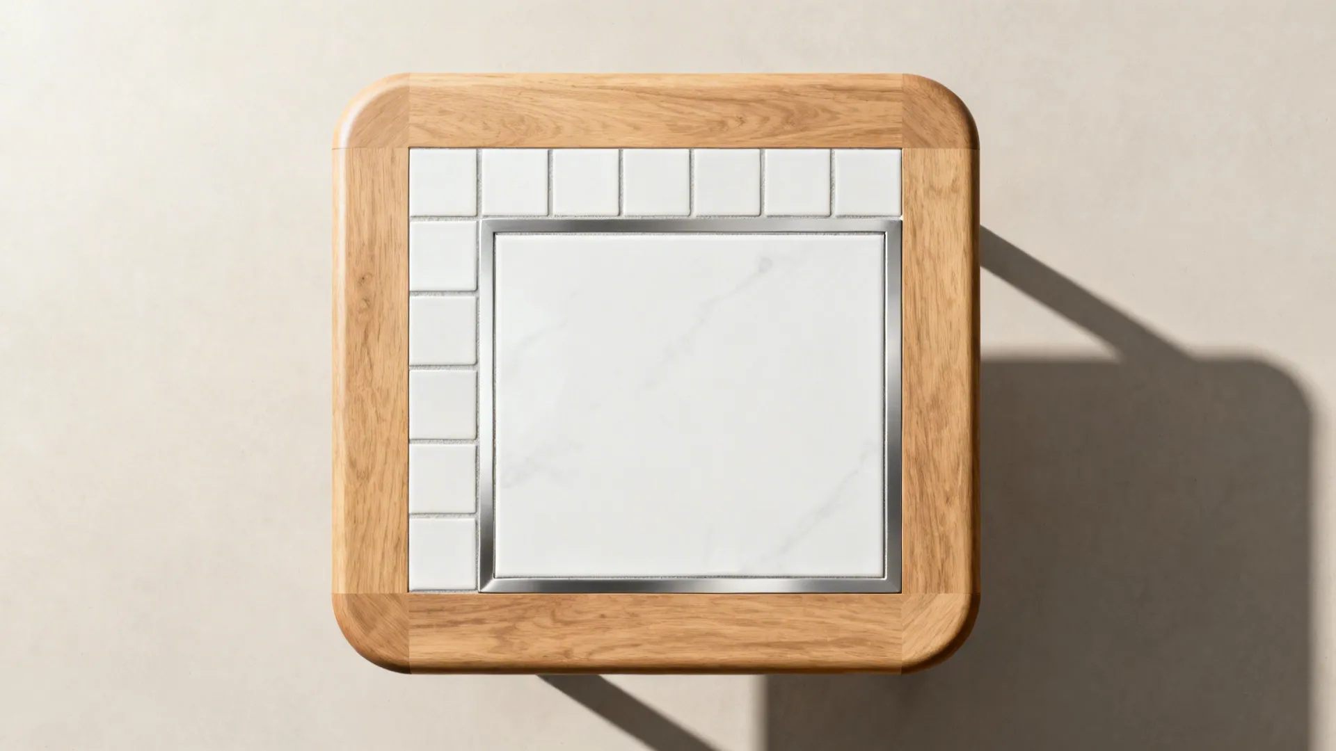 Top-down view of wood-and-tile hybrid tabletop showing oak frame and porcelain insert with expansion gap.