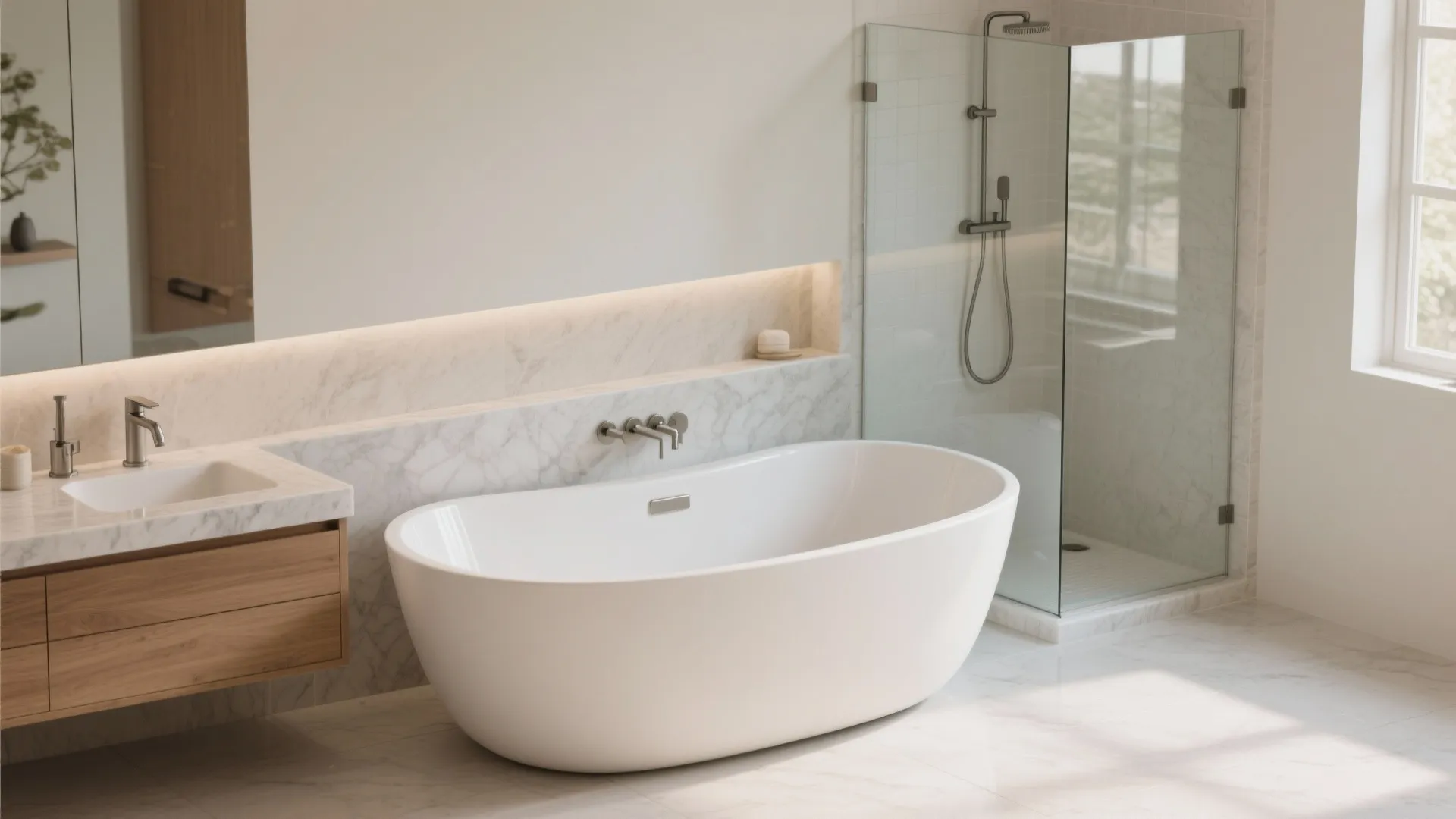 Spacious bathroom with white freestanding bathtub marble wall wooden cabinet and glass door walk-in shower