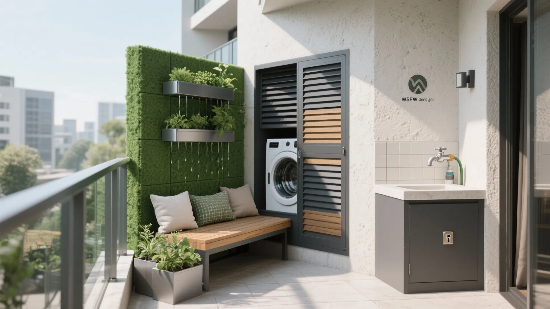 Hybrid Balcony: Green Wall, Laundry Niche, and Storage Bench