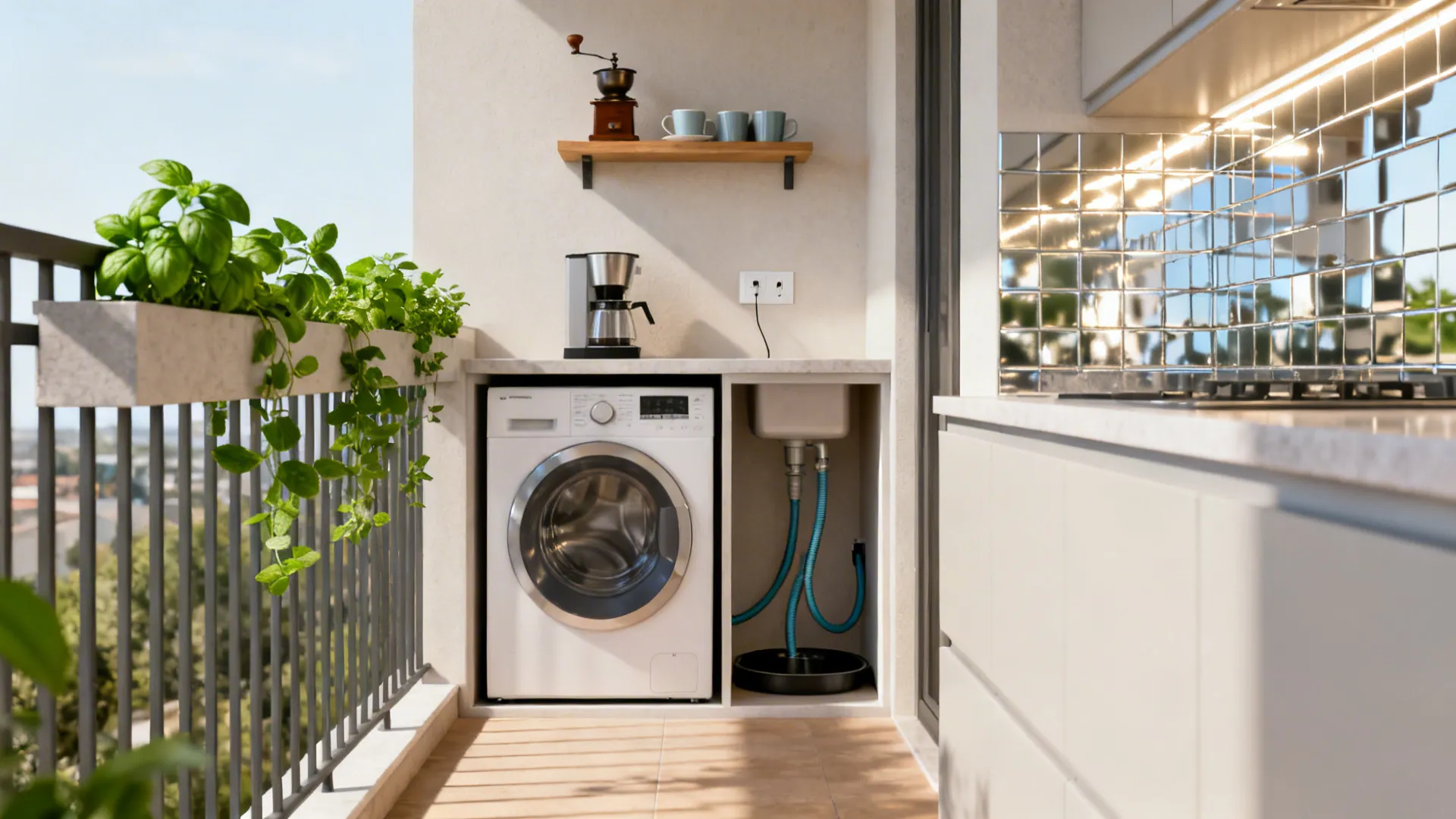 3) Hybrid utility: laundry, coffee bar, and herb garden