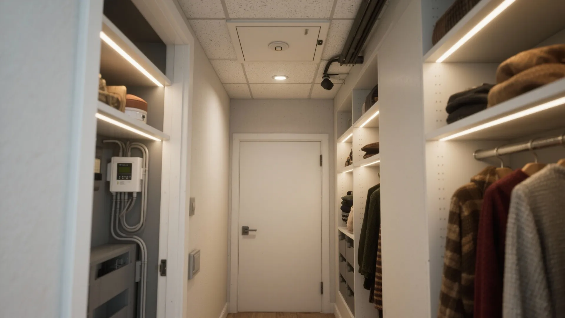 Hallway with flush access hatches and hidden storage illuminated by motion LEDs.
