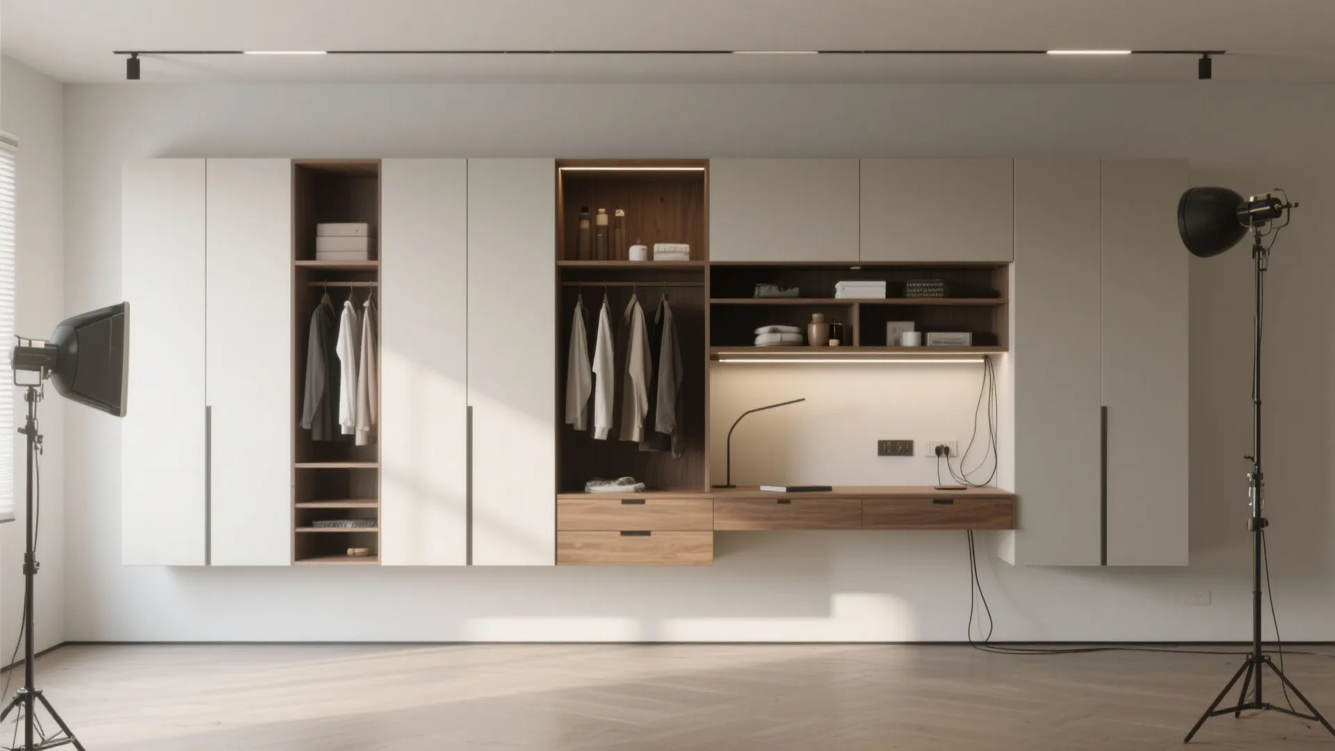 Hybrid Open–Closed Wall Wardrobe with Integrated Desk