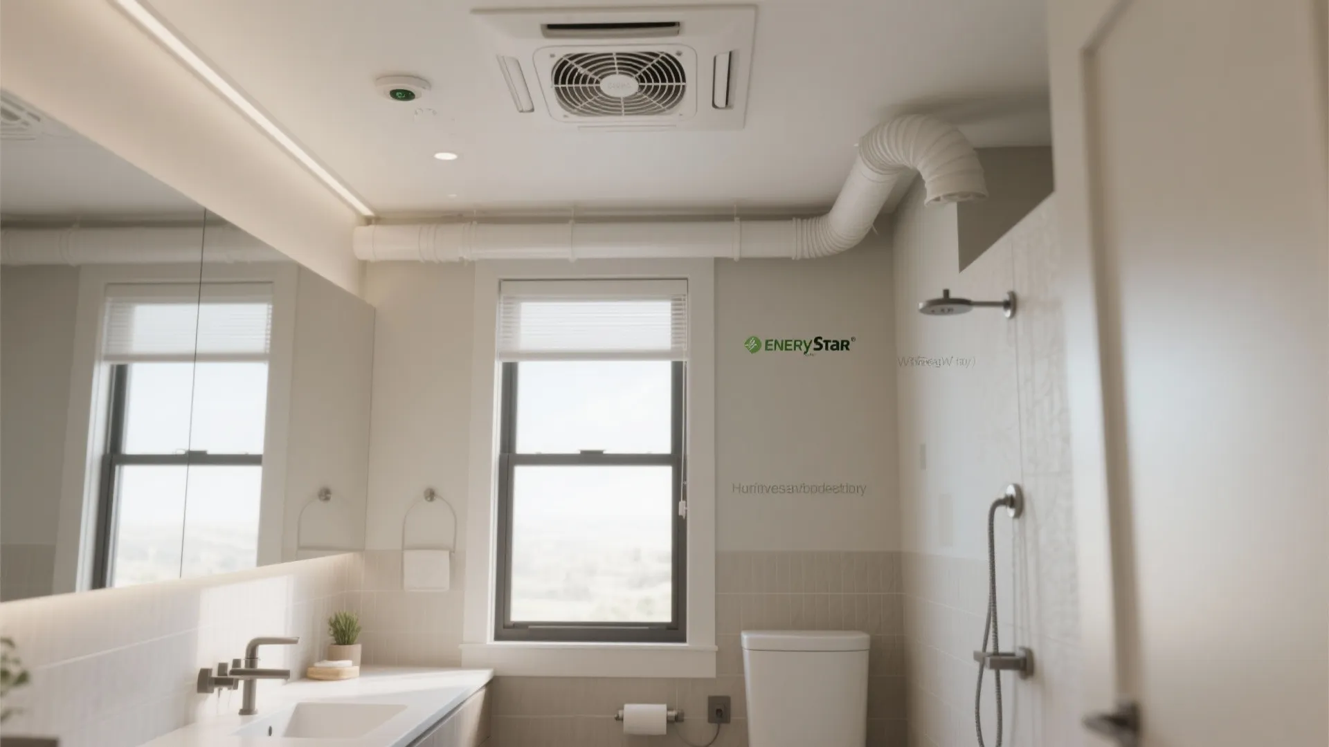 White bathroom interior with a ceiling fan and pipe system near a window and shower