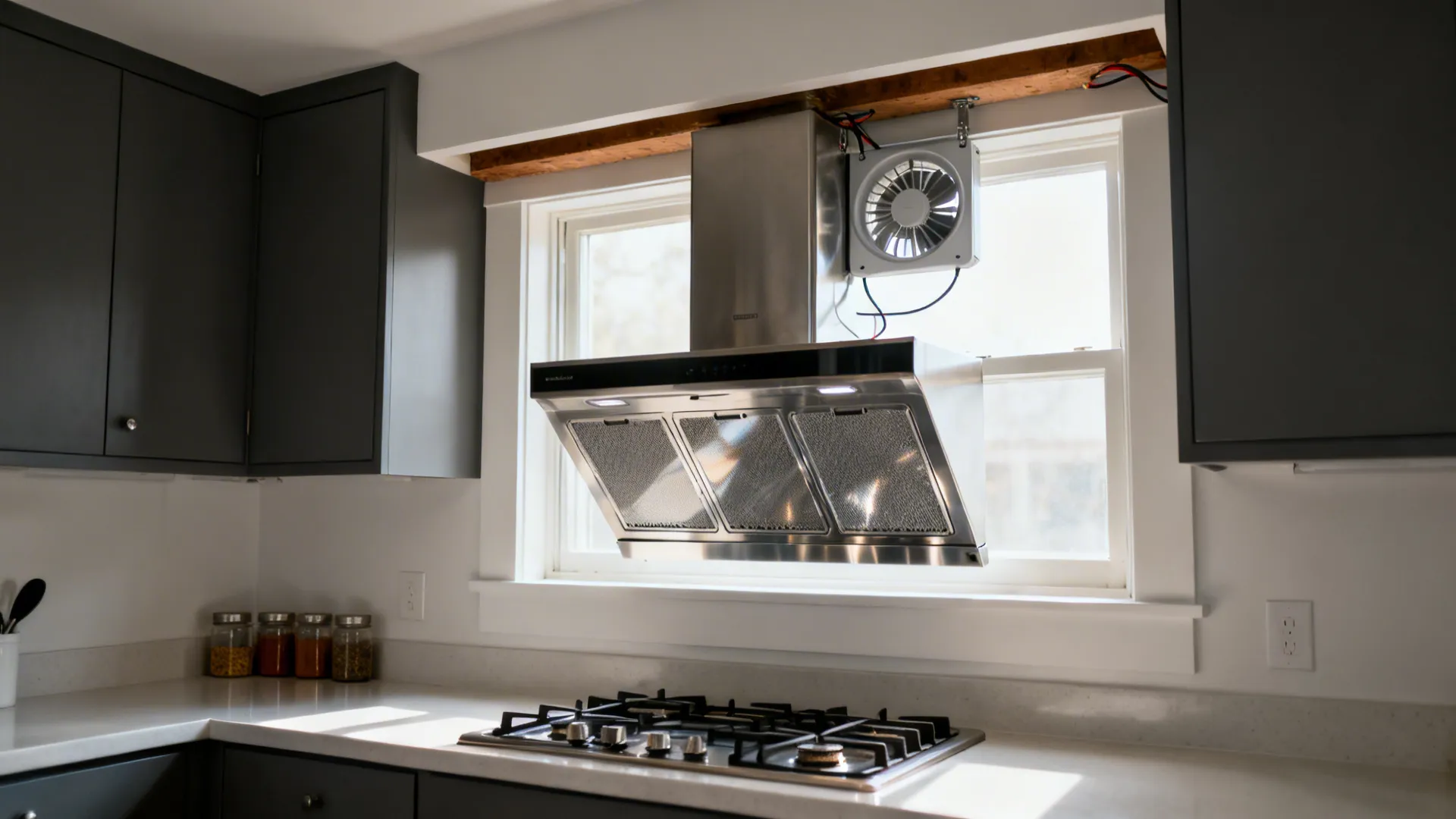 Window-mounted exhaust fan aligned with a recirculating hood over the cooktop.