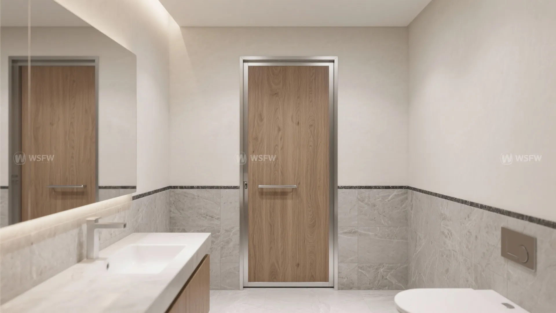 Modern bathroom interior with grey wall tiles white sink mirror and wooden door metal handle