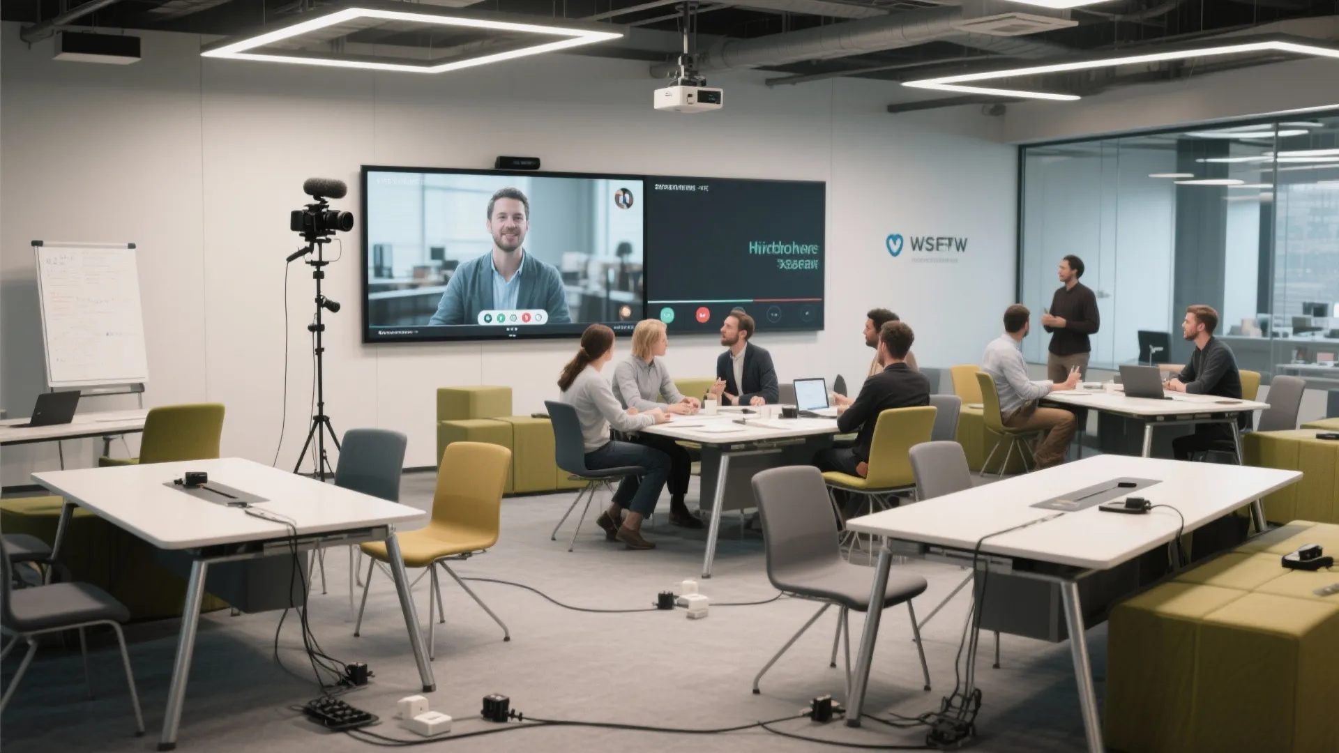 Modern office meeting room with video conference screen, white desks, colorful chairs, and ceiling lights