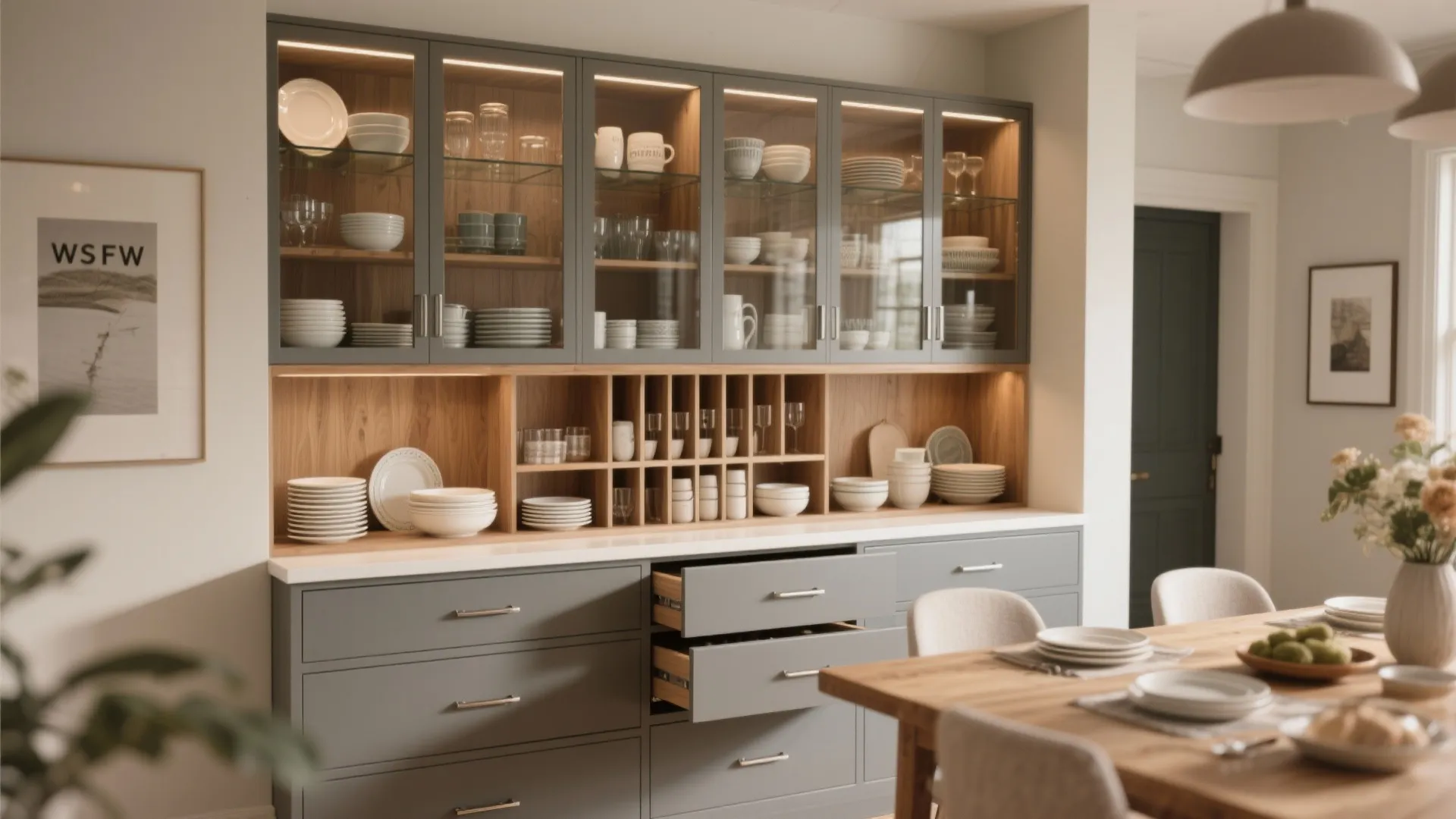 Large grey and wood kitchen cabinet unit with glass doors storage for plates and glasses