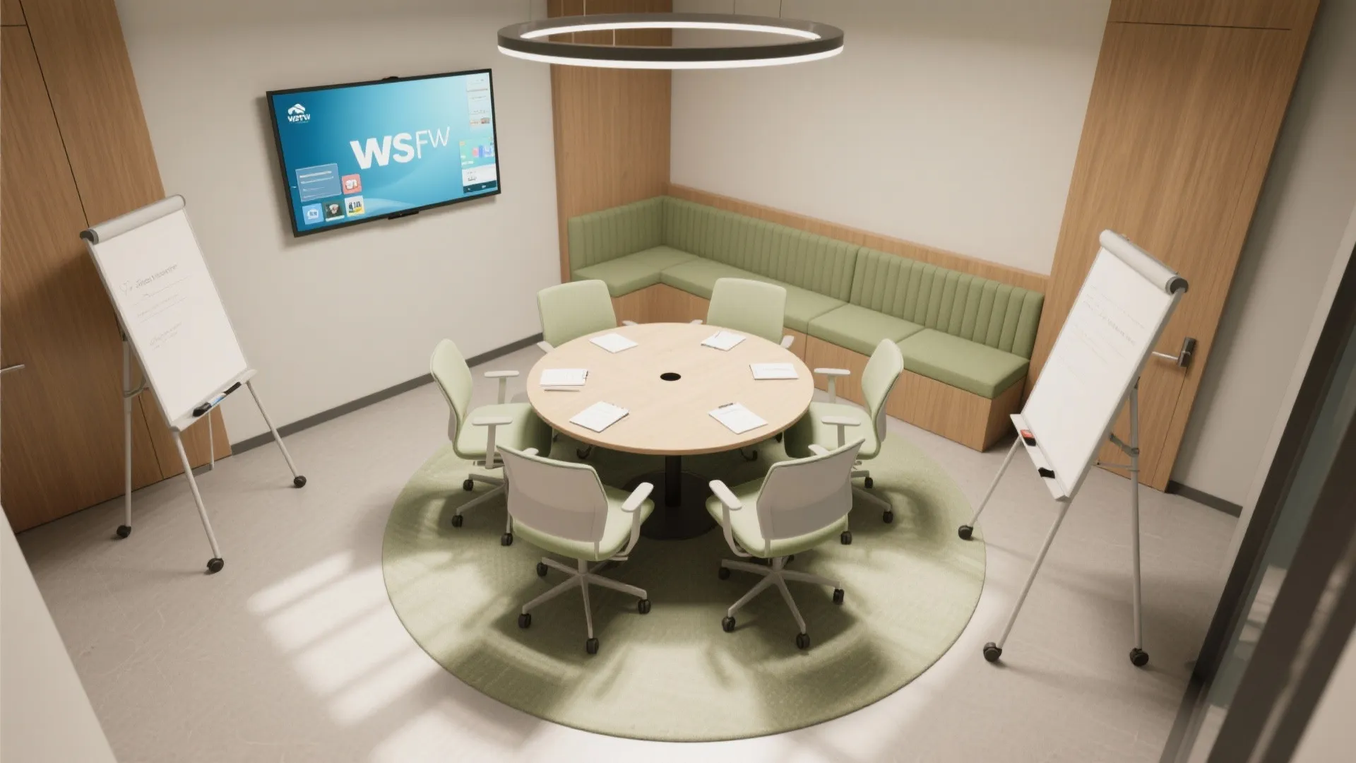 Top-down layout showing hybrid-friendly zones with screen-viewing seats, banquette corner, and movable whiteboard