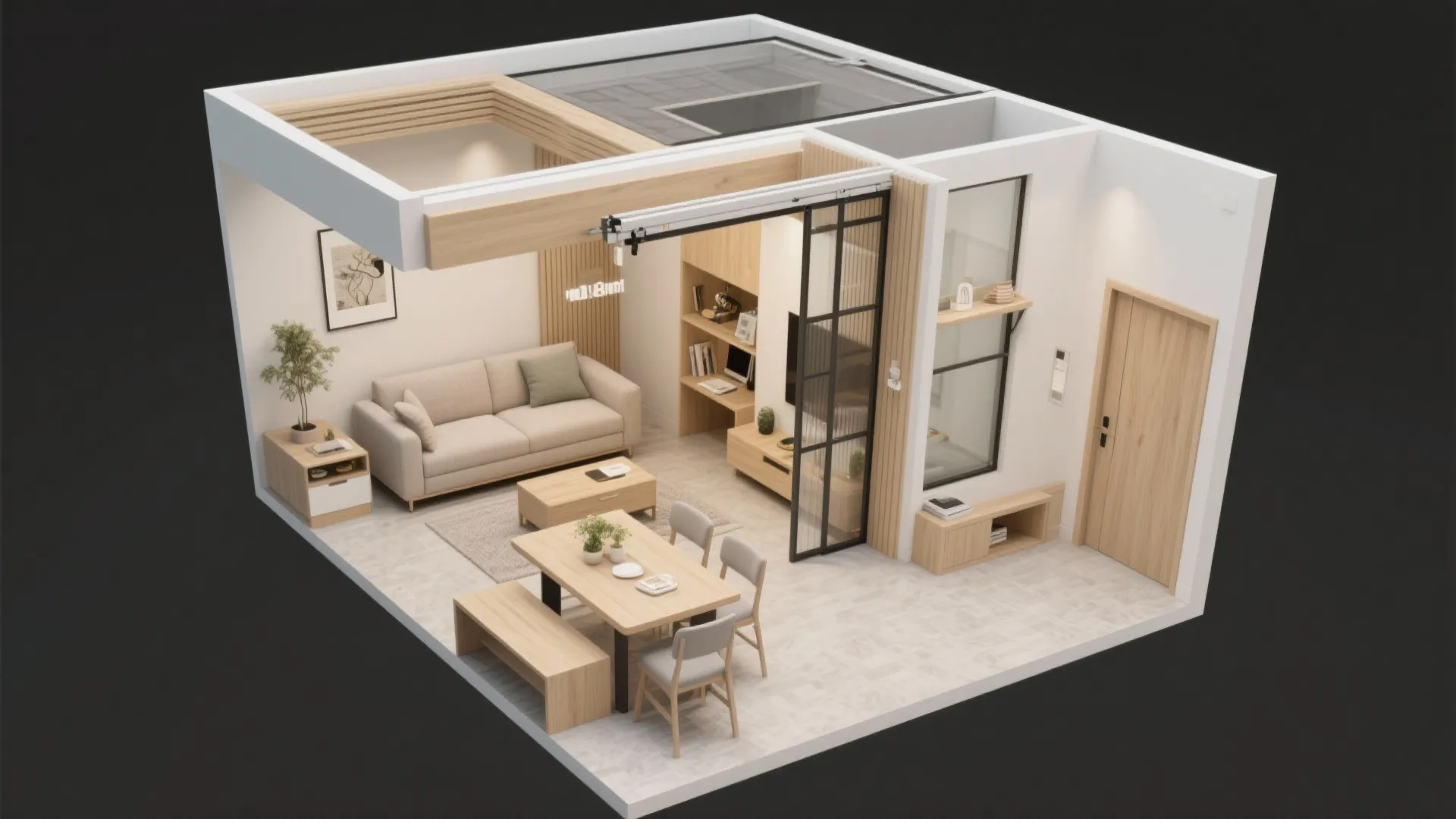 Hybrid living-dining with a sliding wall