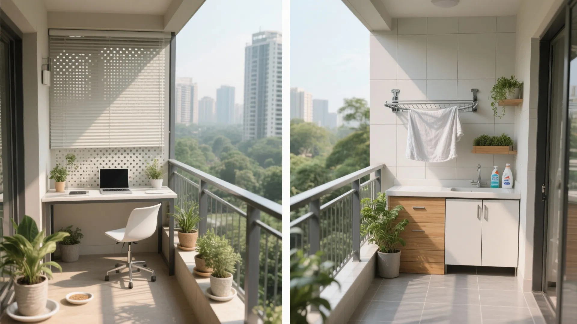 Two balconies: one shaded workspace with screens and plants, one laundry zone with folding rack, slim cabinet, and easy-clean tiles.