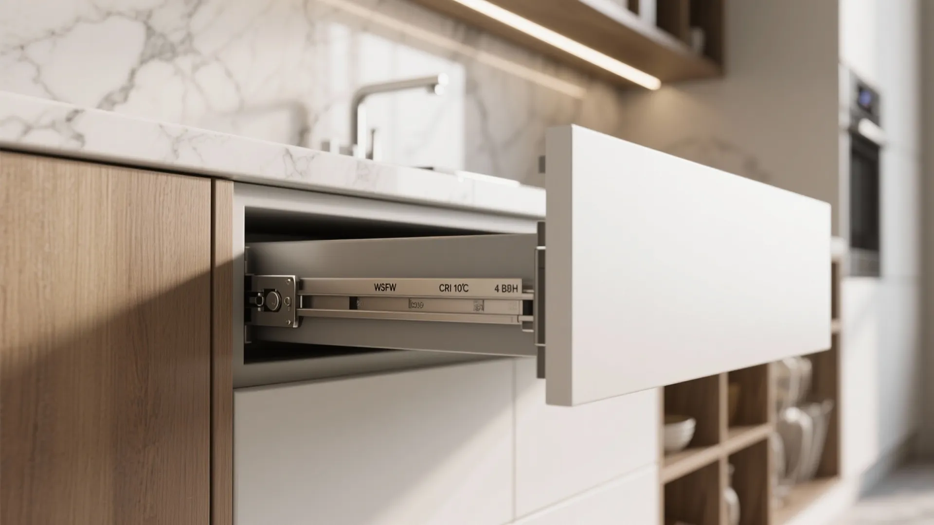 Macro of soft-close drawer hardware, matte anti-fingerprint front, quartz backsplash, and CRI 90+ LED task light.