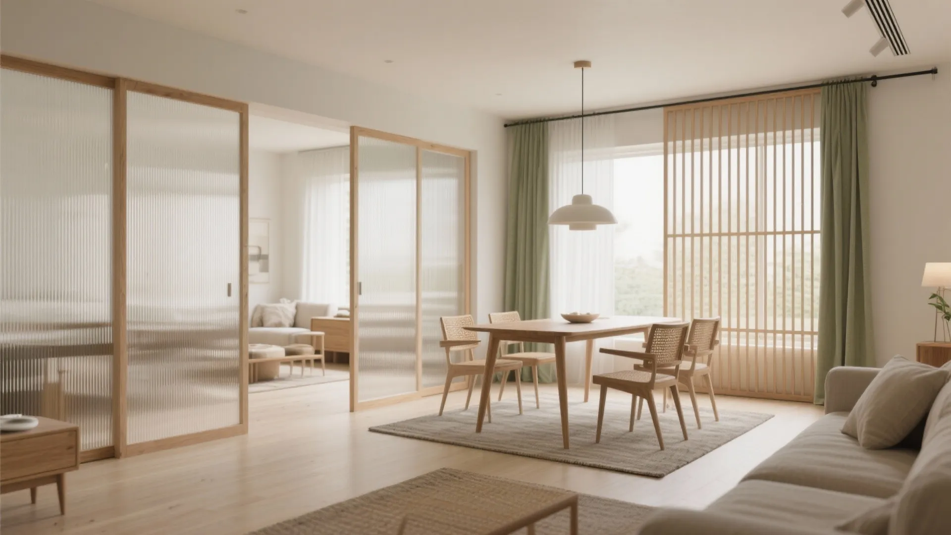 2) Open living–dining with soft partitions for real flexibility