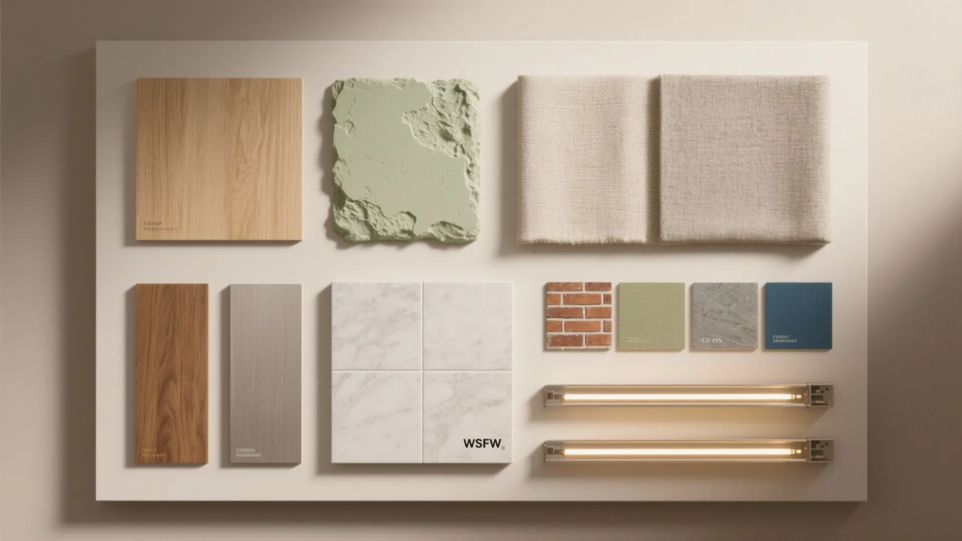 Flat lay of veneers, lime plaster, textiles, quartz, tiles, metal finishes, and LED modules in a calm Hyderabad-friendly palette.