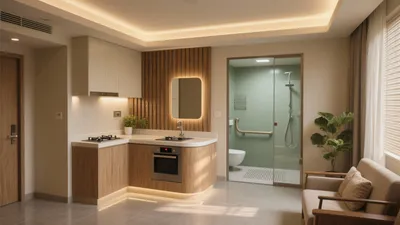 Modern Kitchen with Wood Accent Wall & Integrated Bathroom