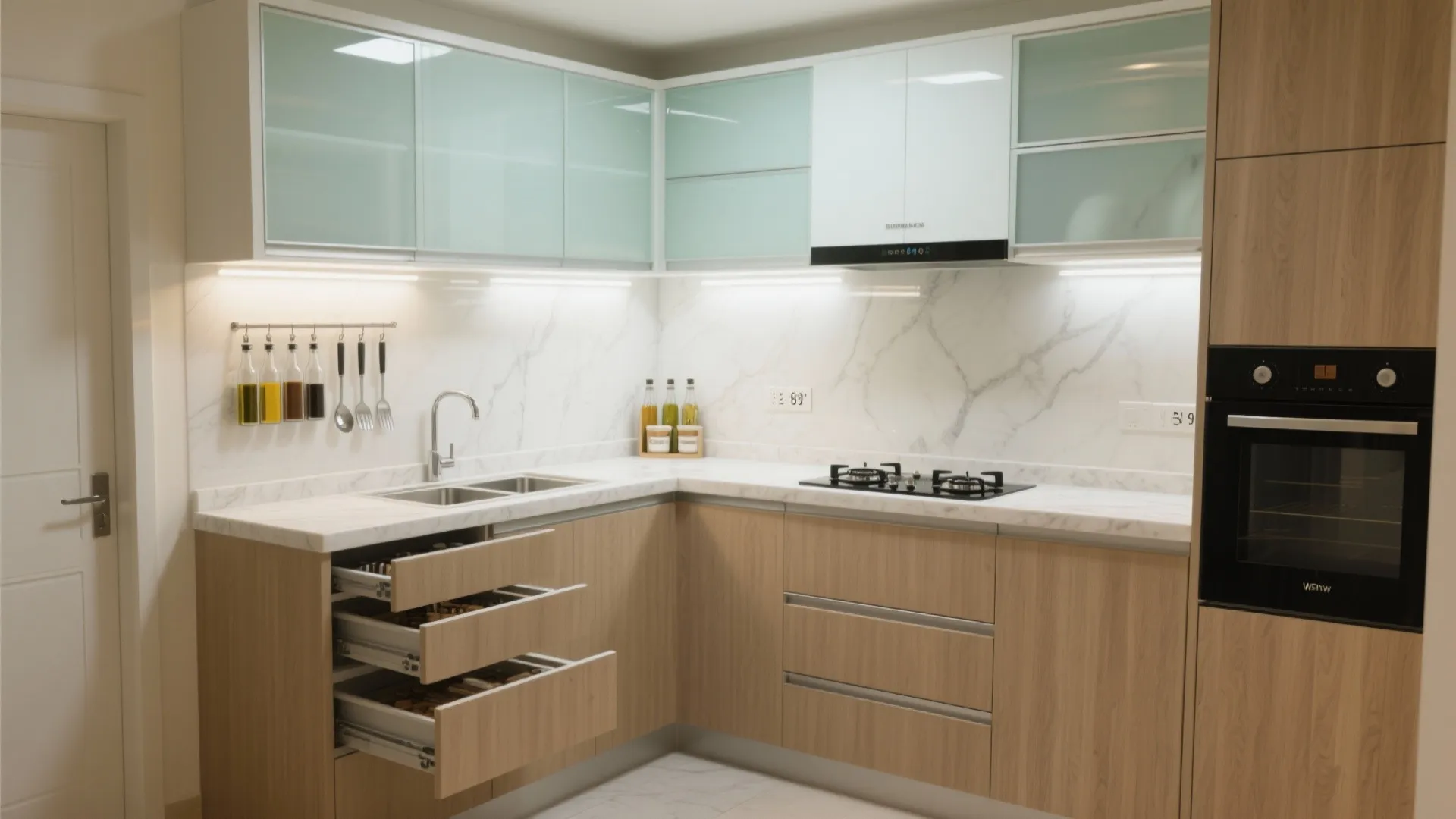 L-Shaped Kitchen with a Glass Backsplash: Compact and Powerful