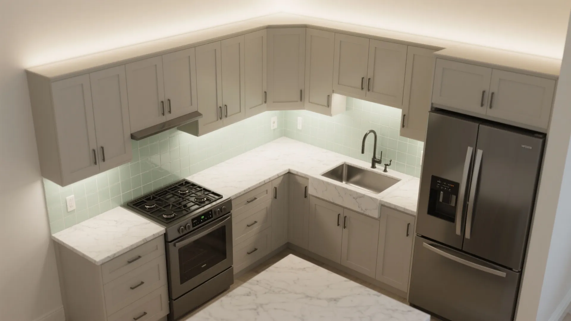 L-Shaped Kitchen with a Glass Backsplash: Compact and Powerful