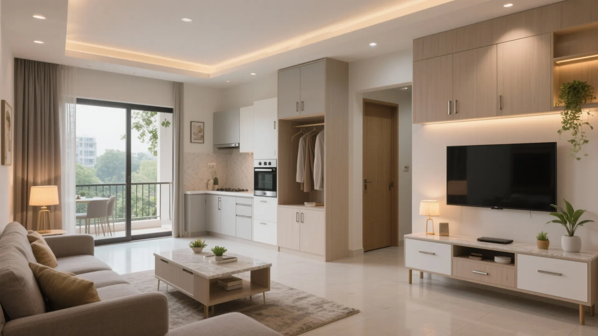 Modern open plan living room with grey sofa wooden cabinet television and small white kitchen area