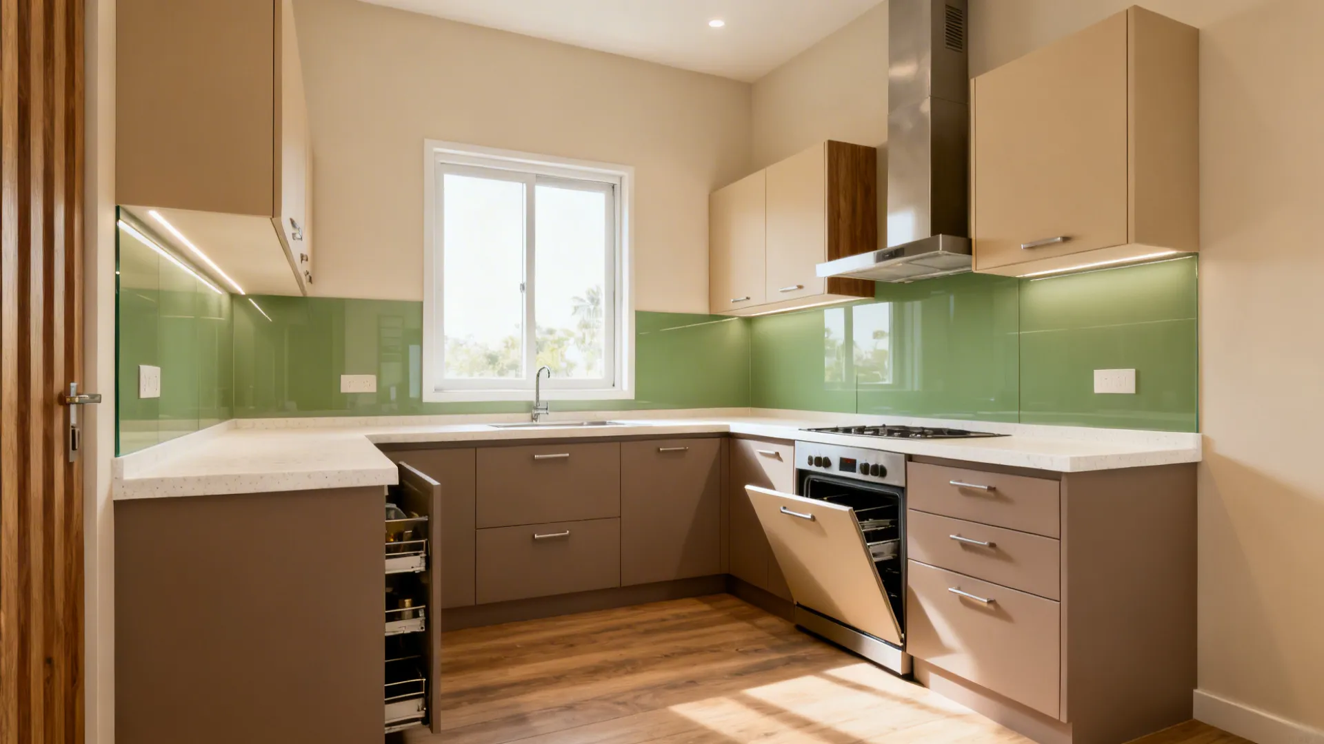 Modern kitchen with green wall panels brown cabinets white stone counters wood floors and natural light