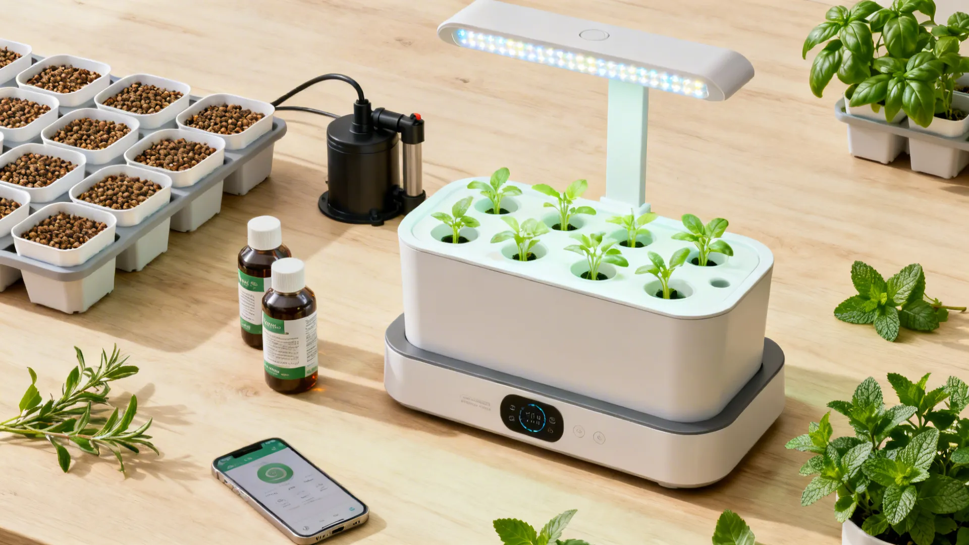 Top-down flat-lay of hydroponic herb system parts including pods, nutrients, pump, and LED hood.