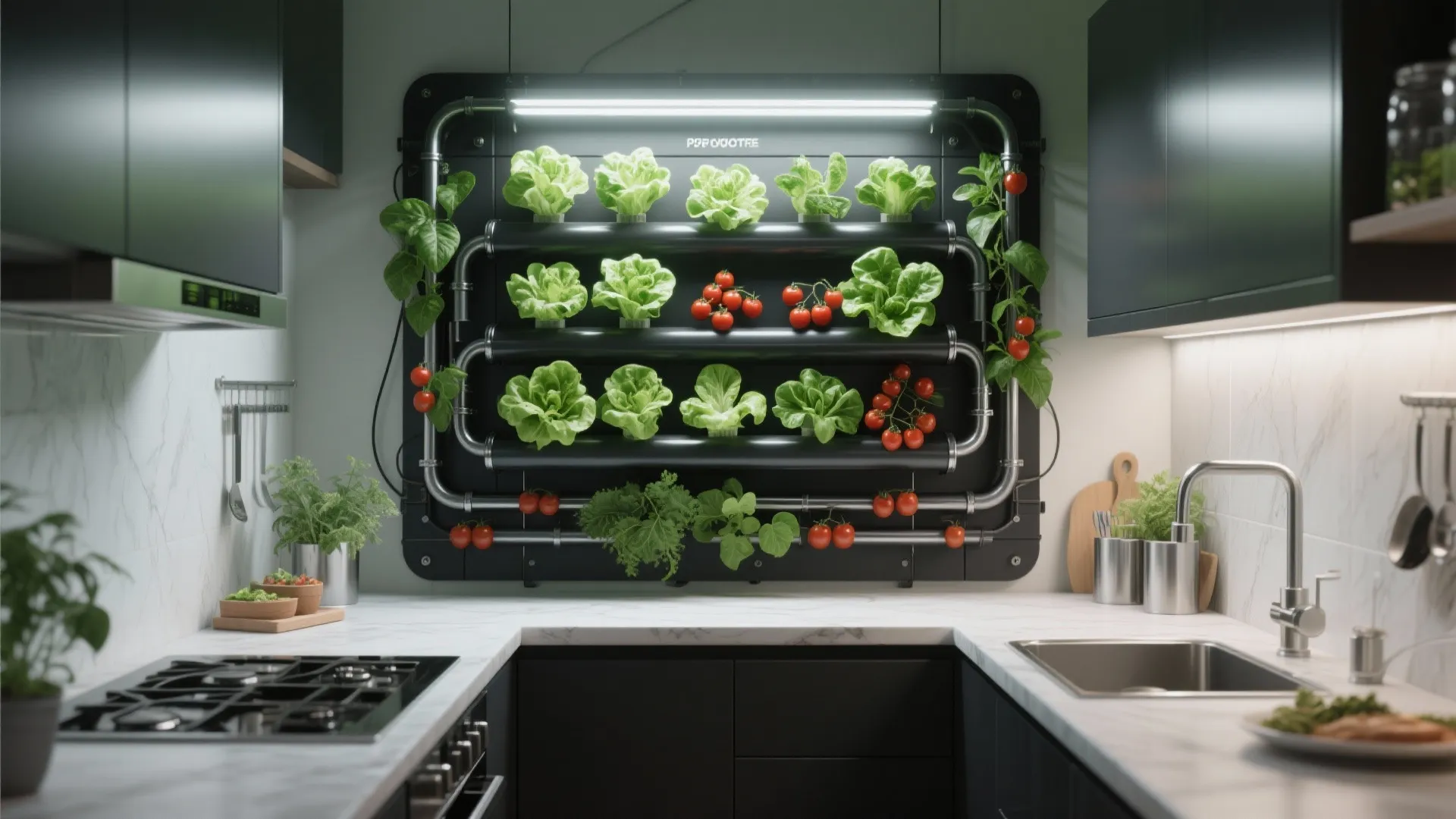 Modern kitchen with black hydroponic wall garden growing fresh lettuce and tomatoes under bright light