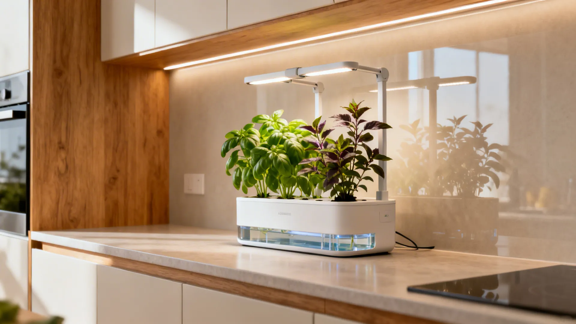 A sleek hydroponic pod with adjustable lights grows lush basil on a small kitchen counter.