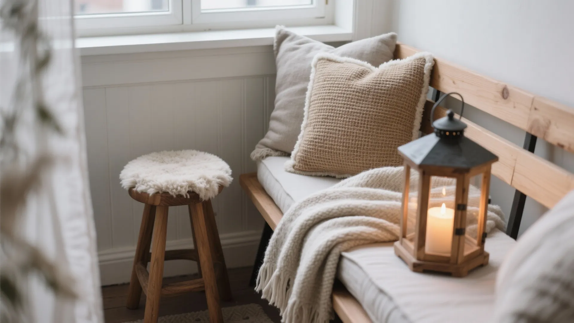 Hygge Textiles and Wood: Cozy Seating Nook