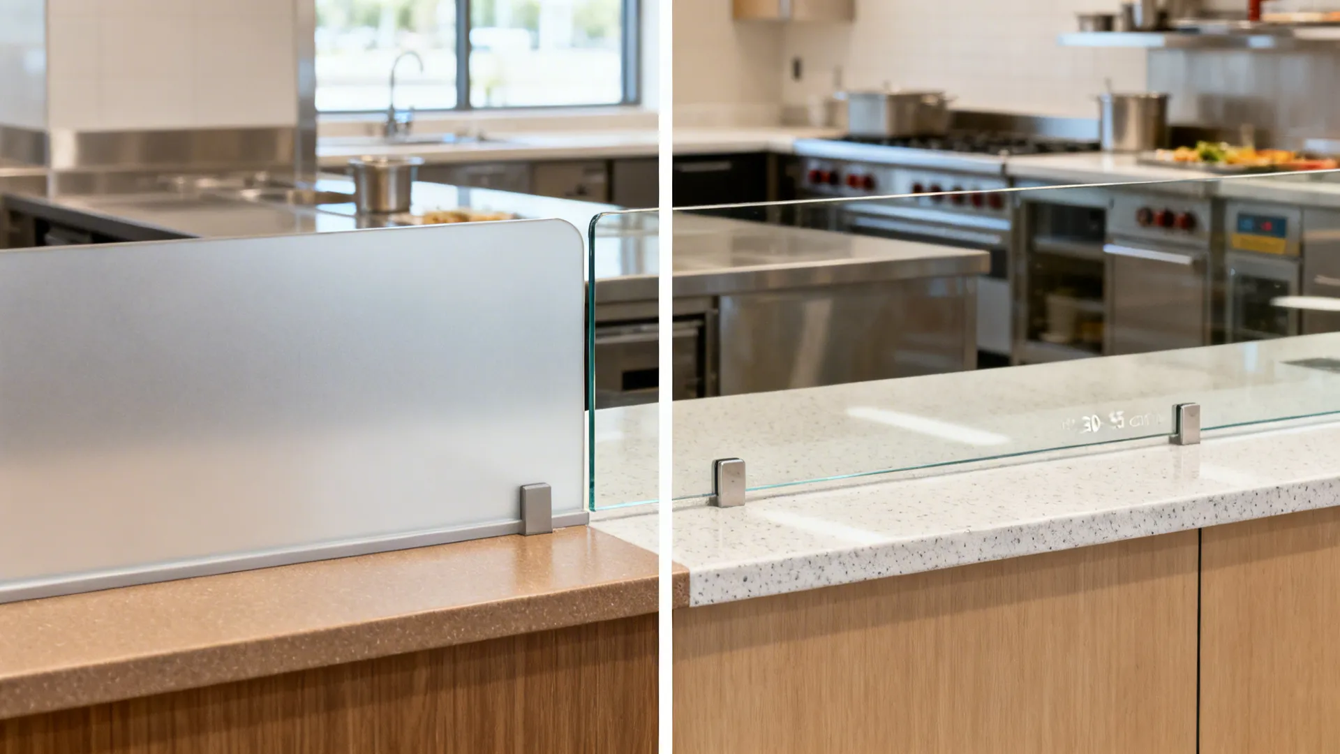 Before-and-after counter upgrade from opaque guard and worn top to clear glass guard and cleanable surface.