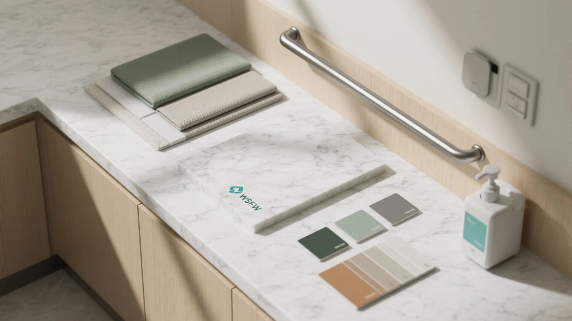 Marble countertop showing various fabric samples color palettes and a bottle of hand wash soap