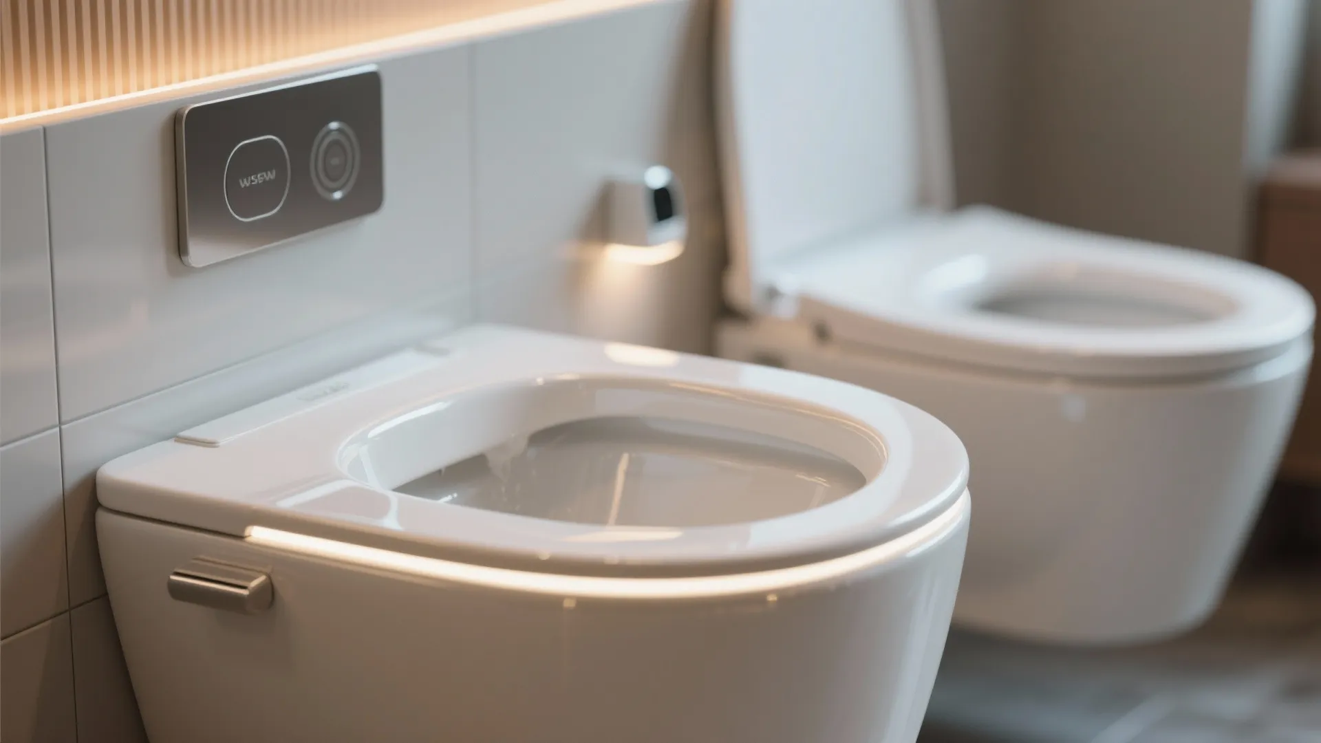 Close up of modern white smart toilet with glowing light ring and wall mount button