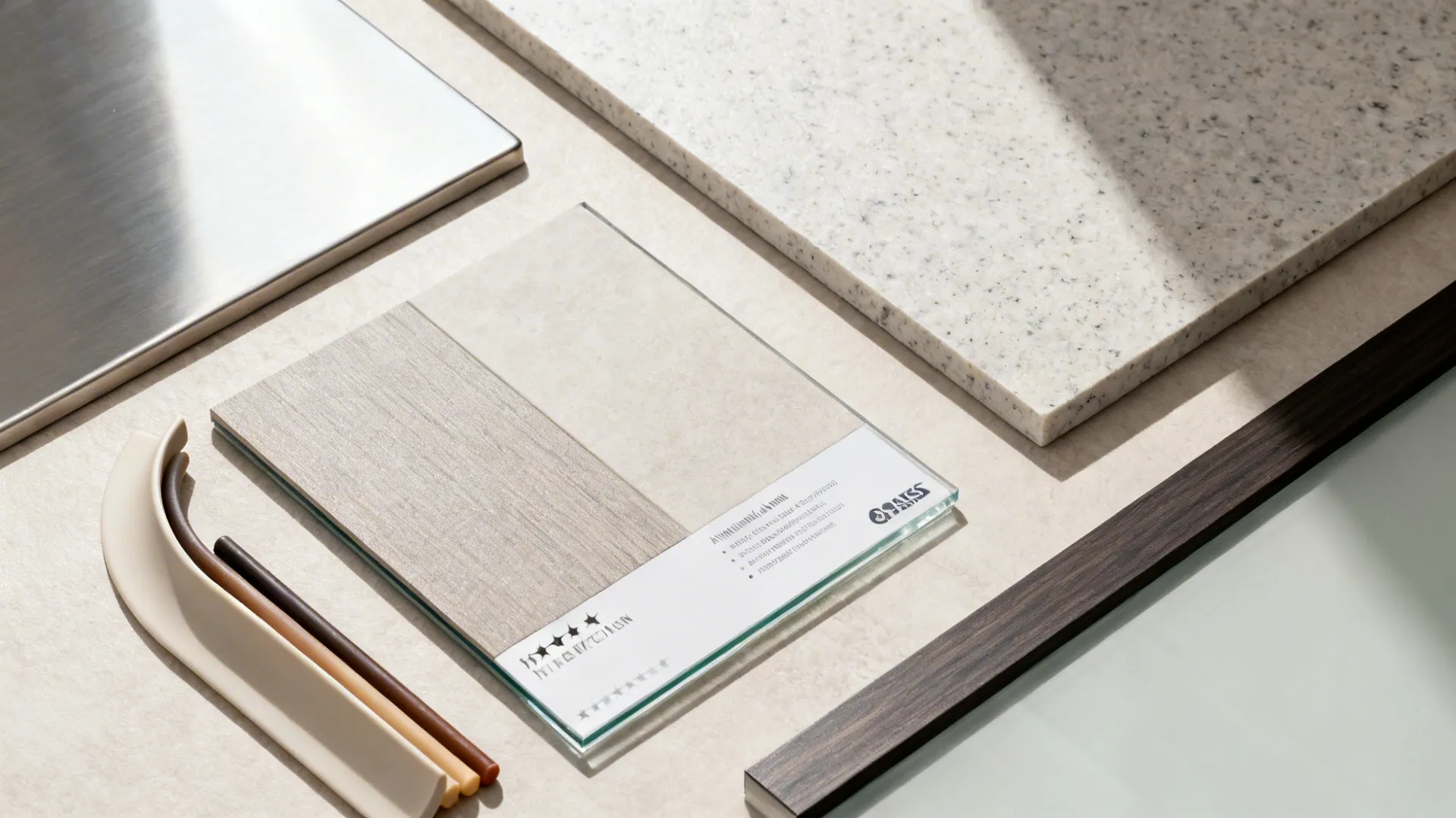 Material flatlay with stainless, quartz composite, tempered glass, and coved flooring samples.
