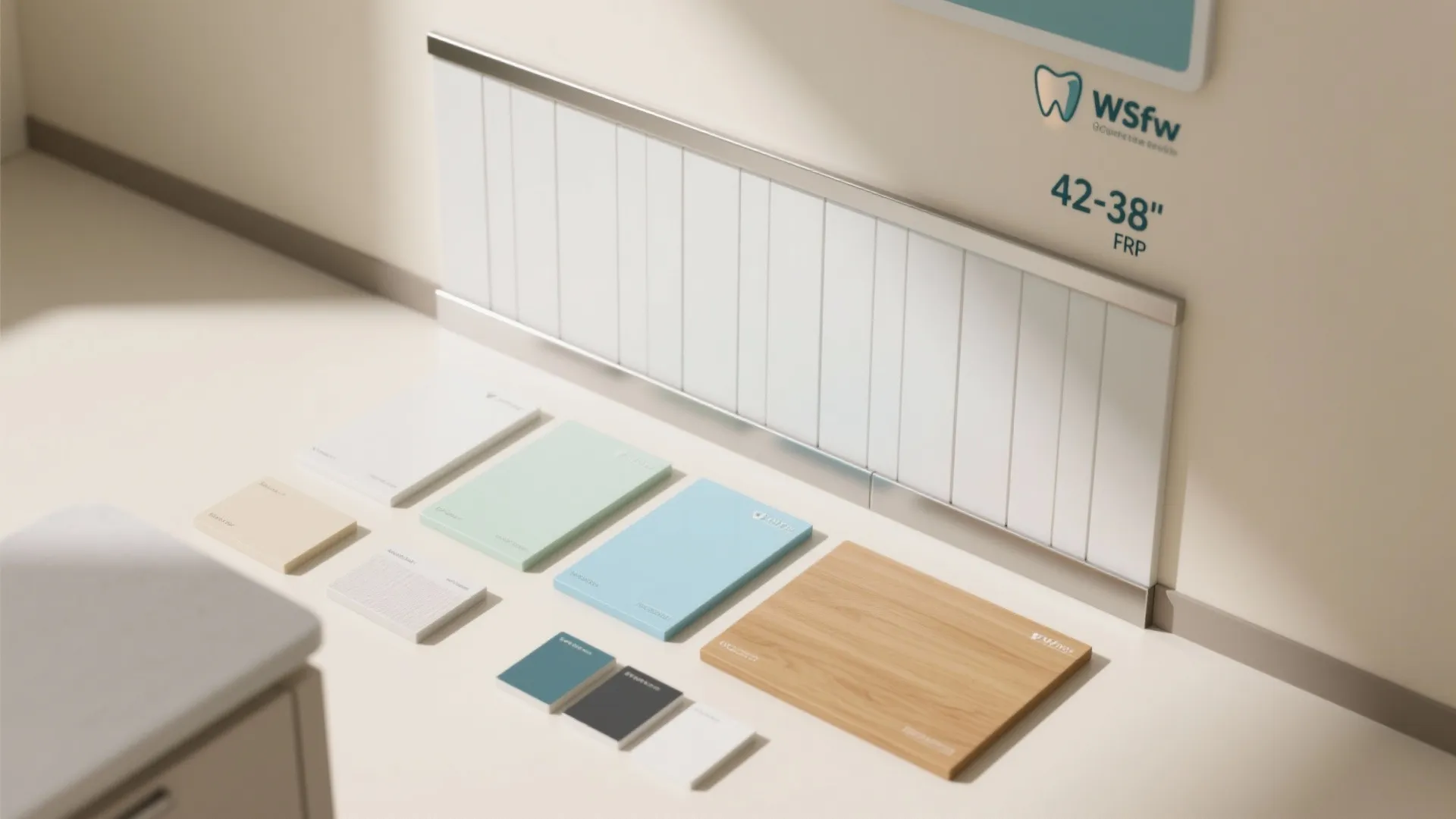 Various interior design material samples including wood boards and colored tiles on a white surface