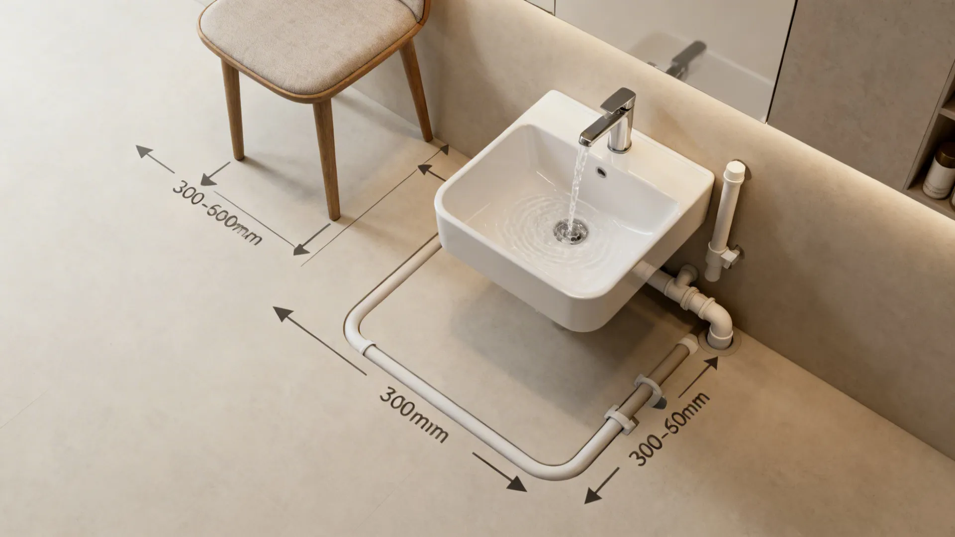 Top-down layout showing basin clearance, floor slope direction, and trap-vent alignment.