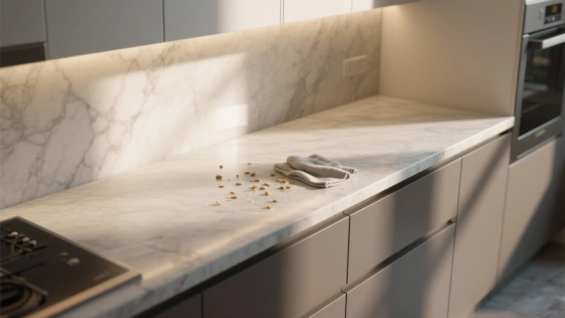 Quartz countertop and raised backsplash with smooth, non-porous surfaces being wiped clean.