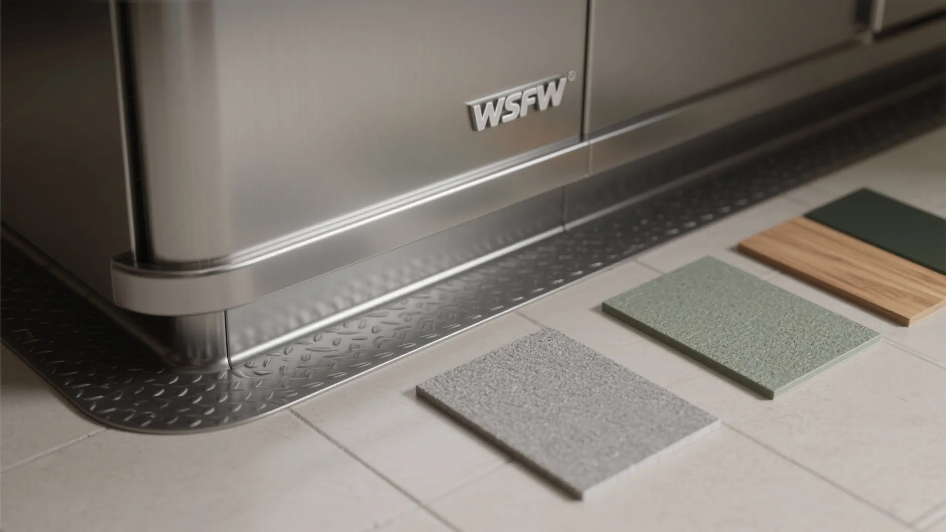 Close up of stainless steel kitchen cabinet base with various textured floor material samples on tile