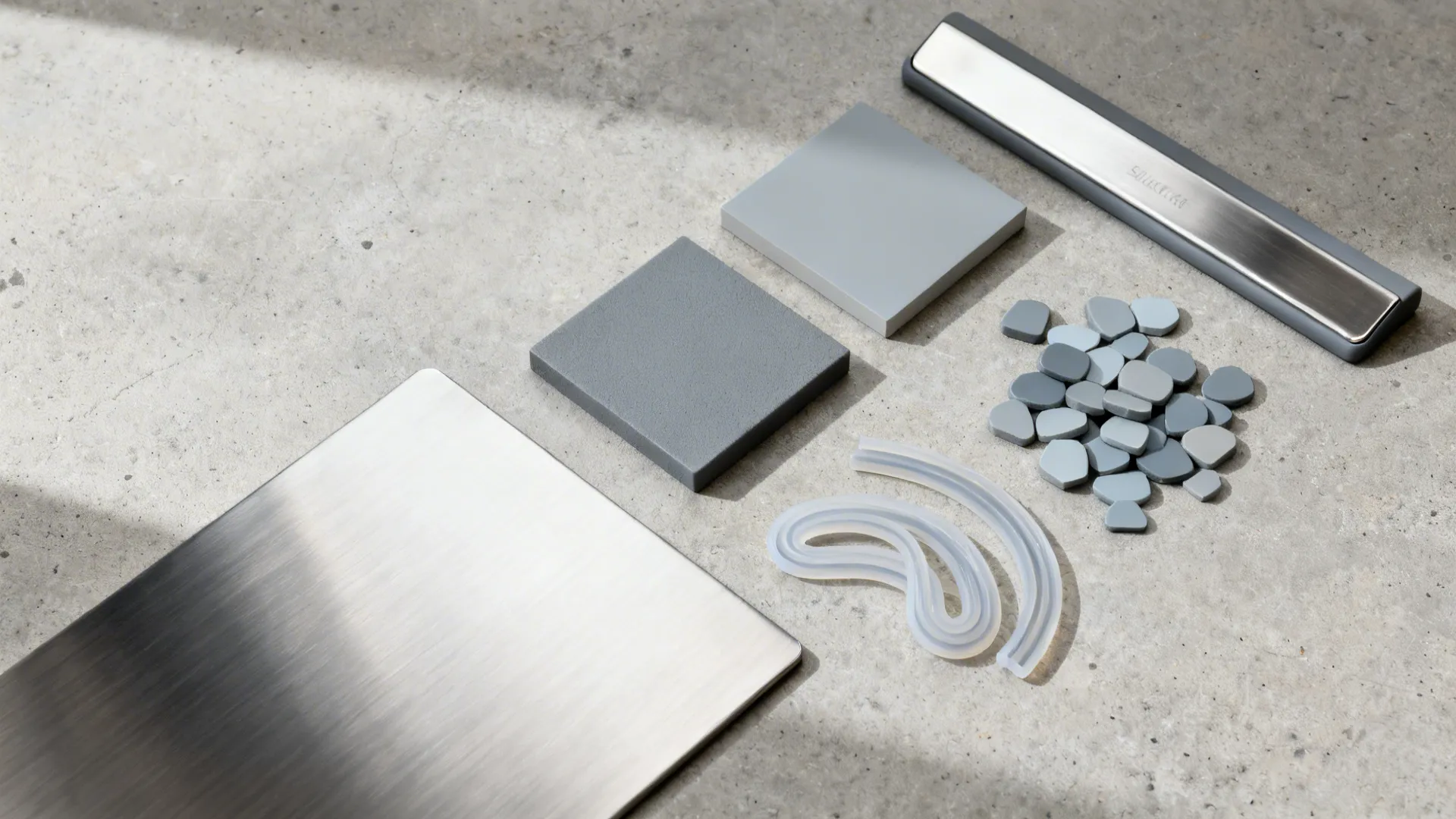 Flat lay of stainless, HDPE edge guards, and antimicrobial powder-coat samples for doors.