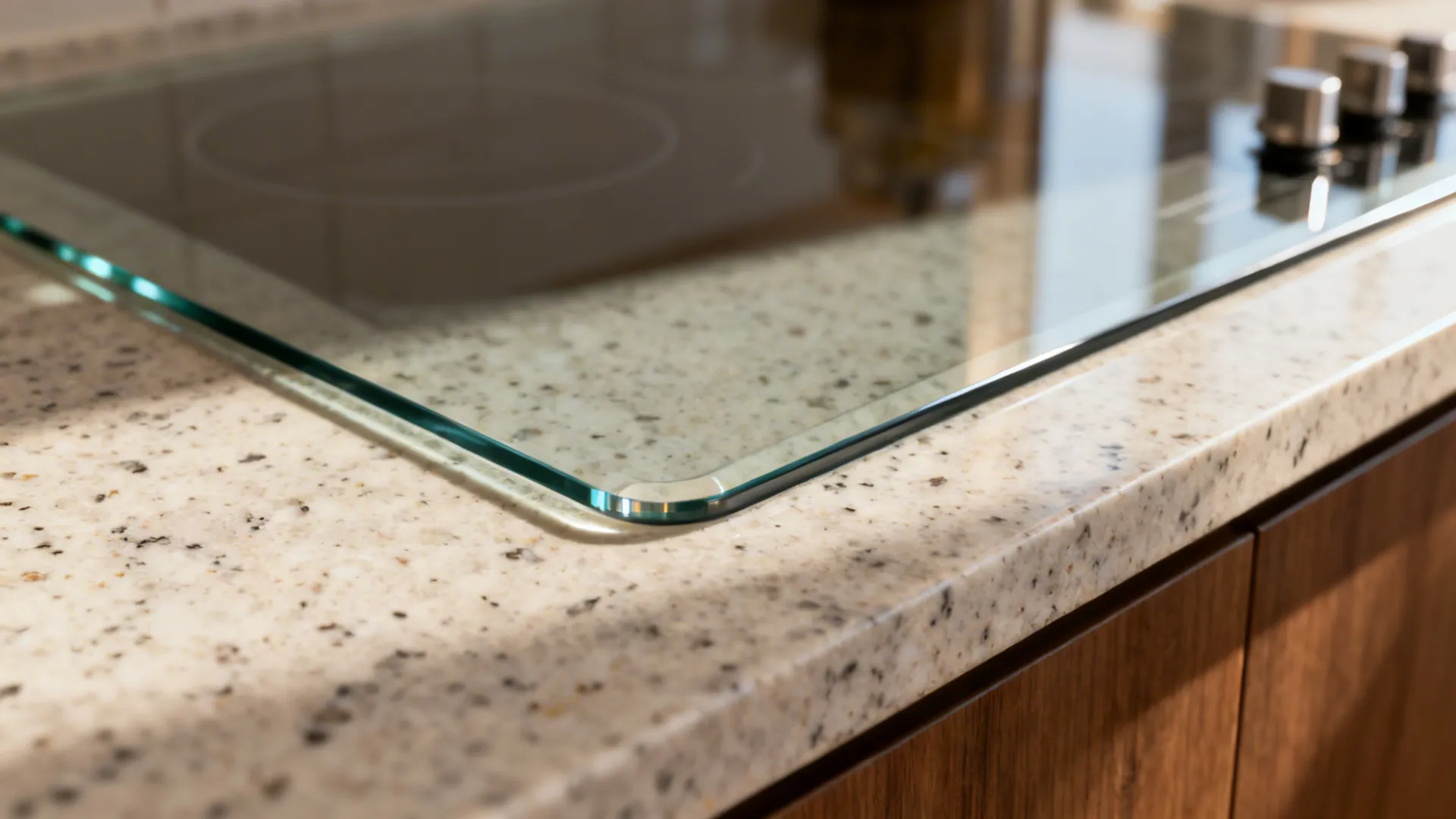 Macro of quartz counter and low-iron tempered glass guard with smooth rounded edge and clean joinery.