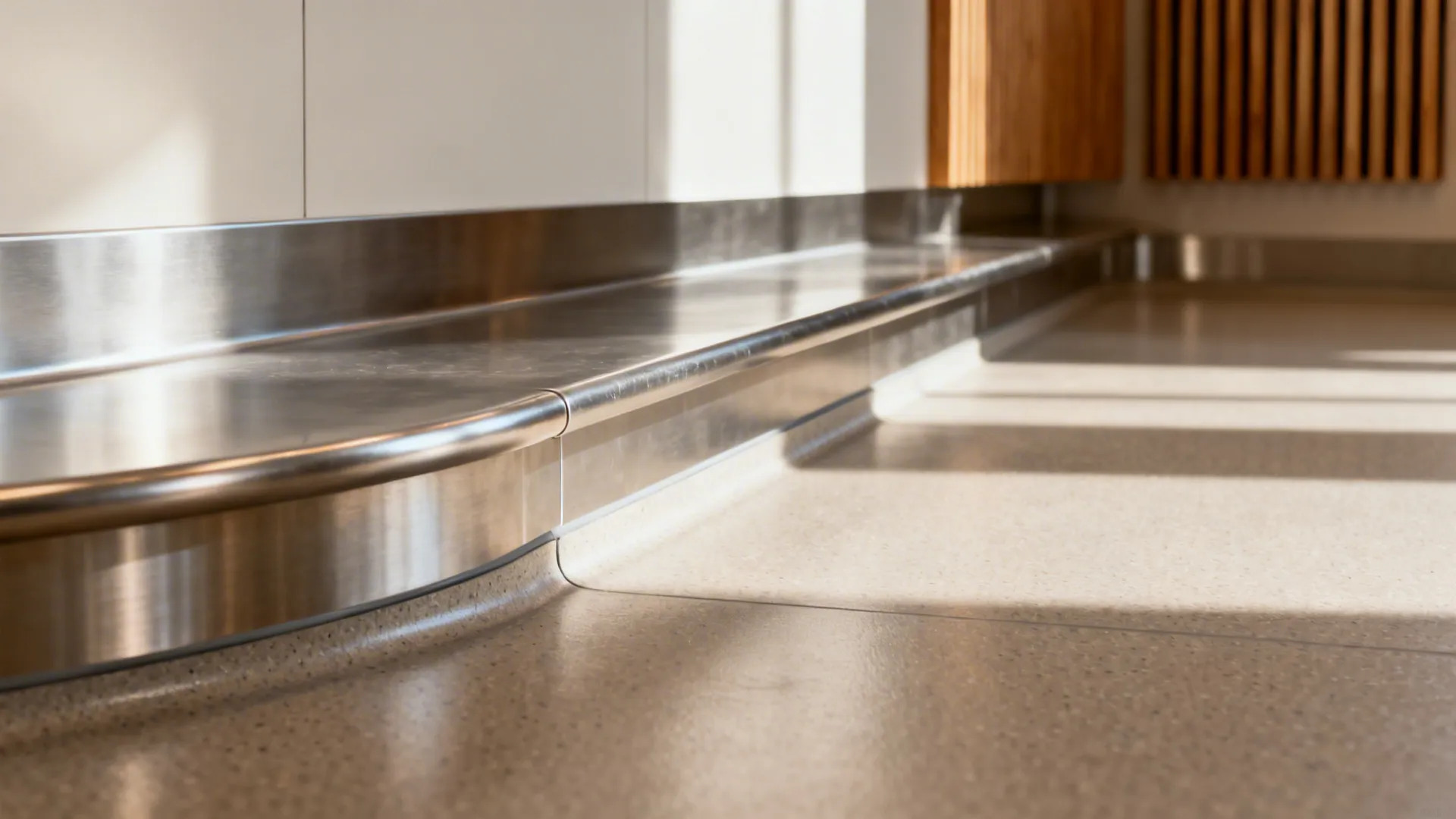 Close up of stainless steel wall base meeting a clean floor with soft sunlight and shadows