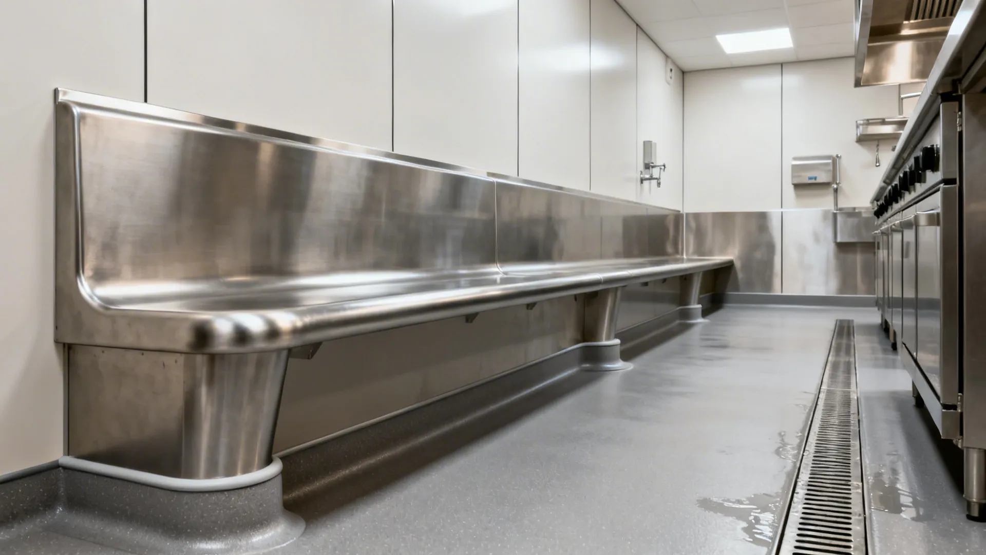Hygienic prep area with stainless benches, coved epoxy floor, and trapped drains.