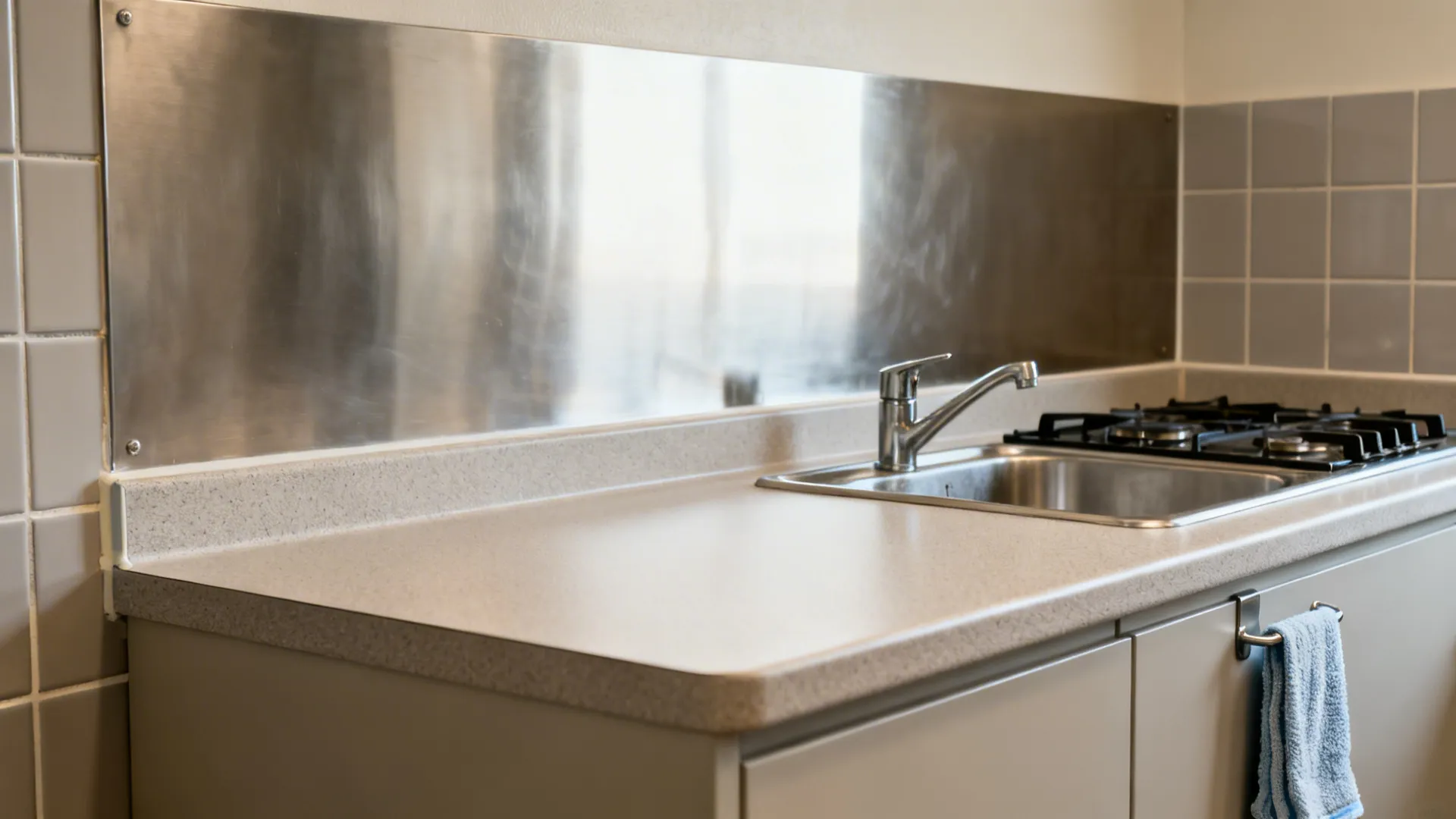 Seamless compact laminate counter with full-height stainless backsplash and microfiber cloth hook.