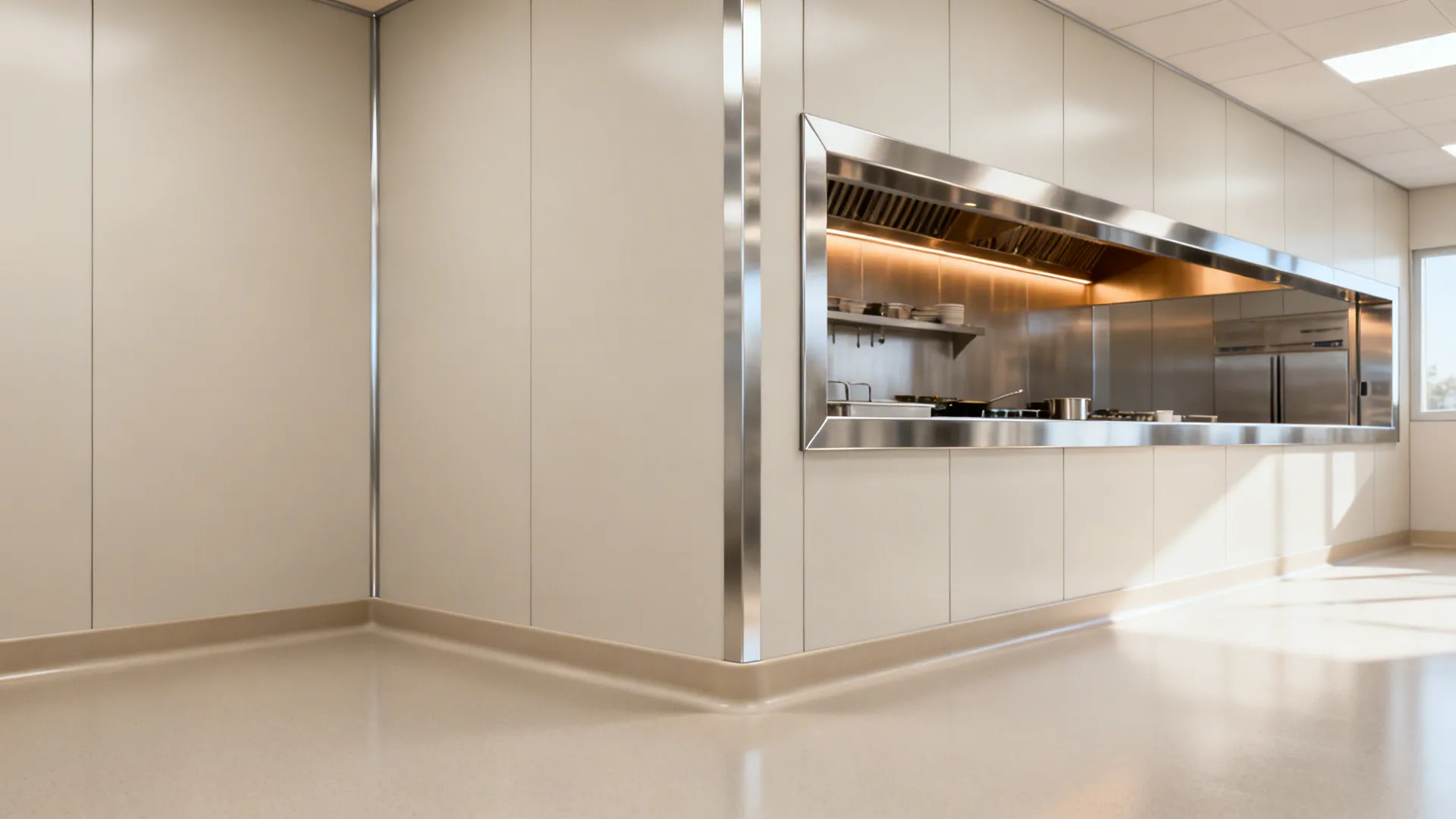 Clean commercial kitchen interior showing cream wall panels with metal trim and stainless steel area