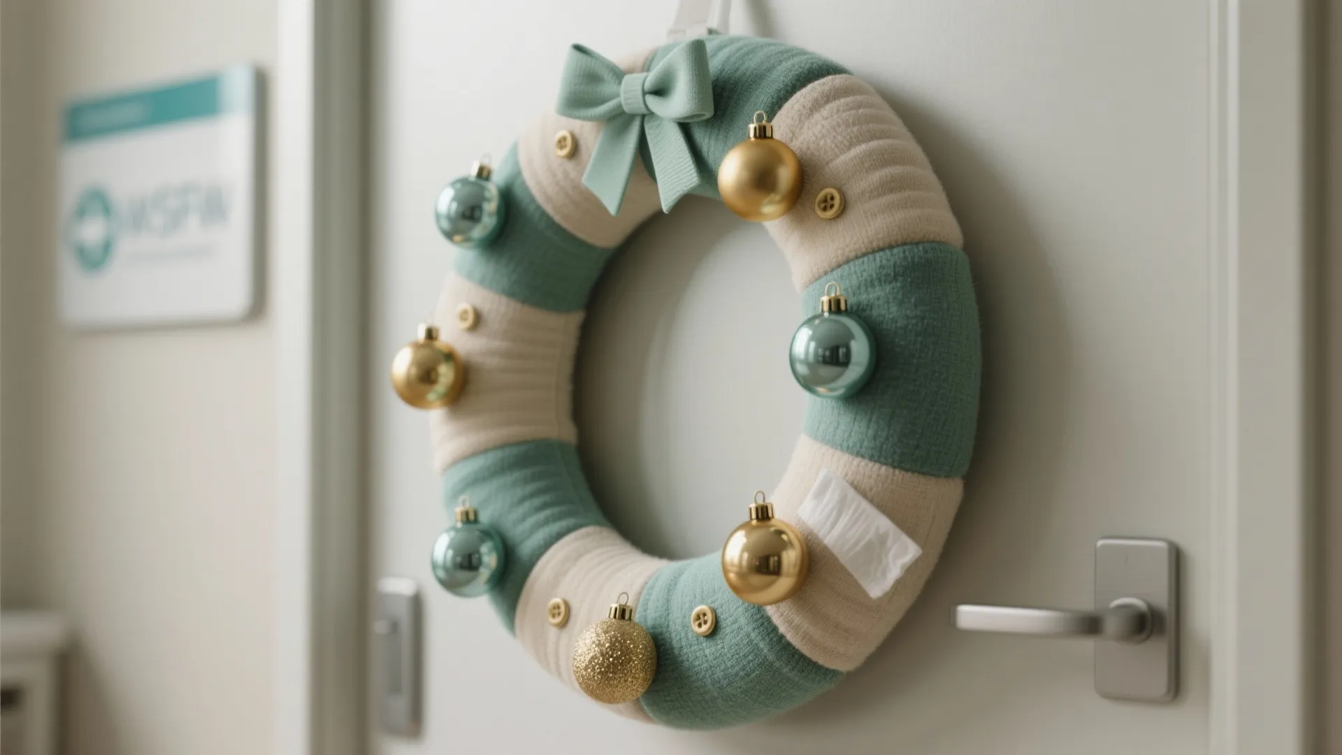 Soft fabric holiday wreath hanging on a white door with blue and gold decorative balls