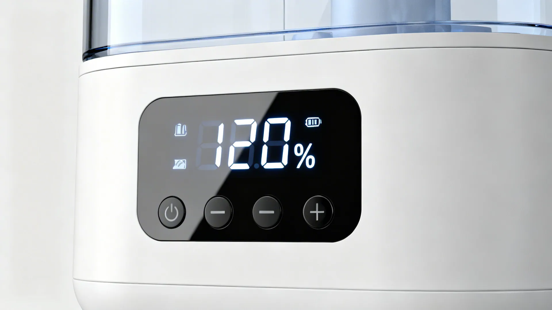 Close-up of a humidifier digital display showing humidity percentage and preset controls