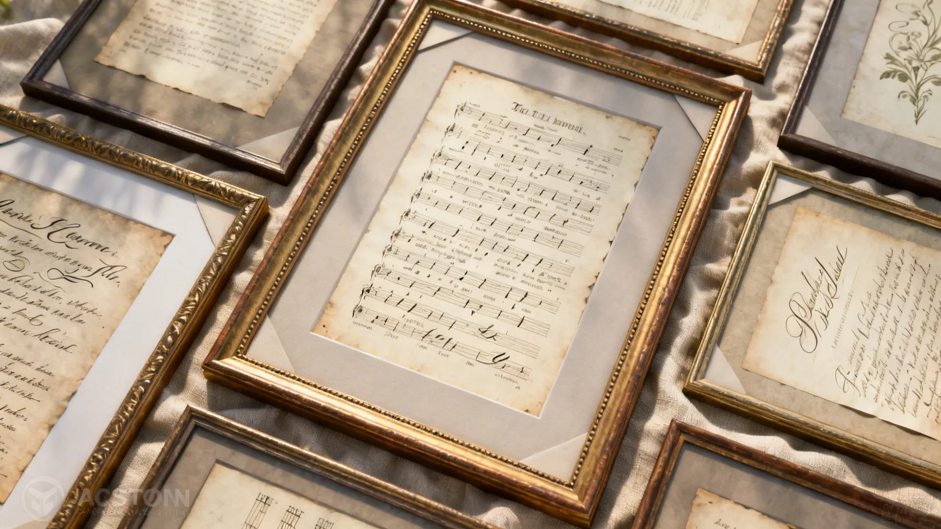 Flatlay of vintage hymn sheets and calligraphy prints with archival framing details