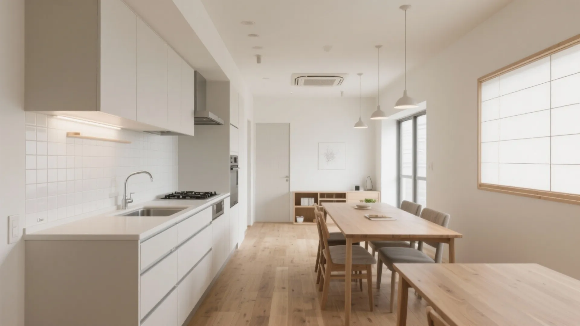 キッチンは“並走家事”ができる幅を確保｜動線規整と収納技巧